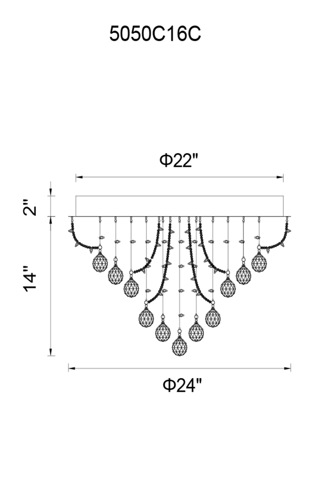 CWI Lighting Fountain 4 Light Flush Mount With Chrome Finish Model: 5050C16C Line Drawing