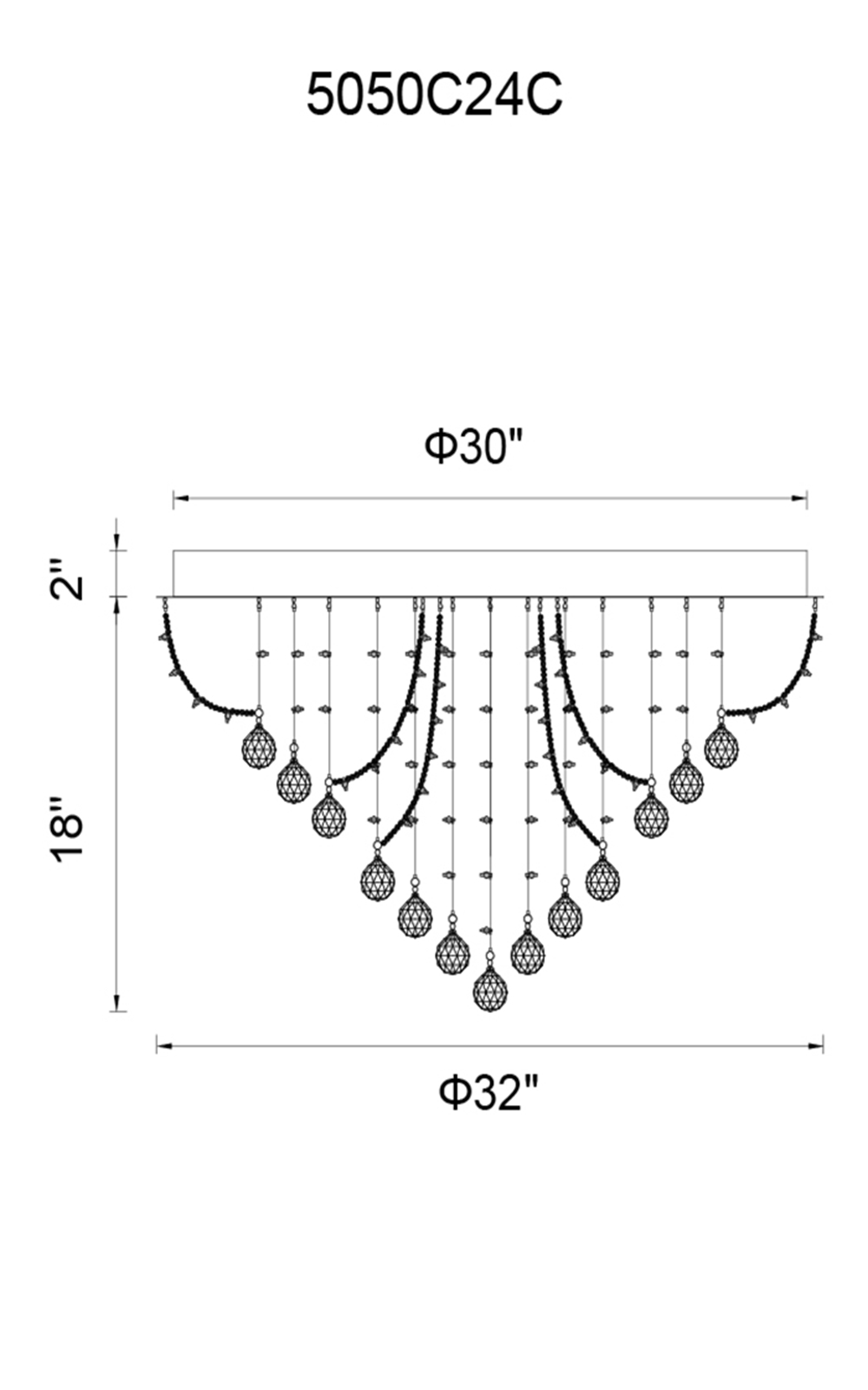 CWI Lighting Fountain 9 Light Flush Mount With Chrome Finish Model: 5050C24C Line Drawing