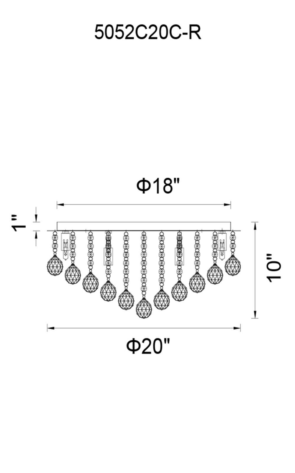CWI Lighting Sparkle 9 Light Flush Mount With Chrome Finish Model: 5052C20C-R Line Drawing