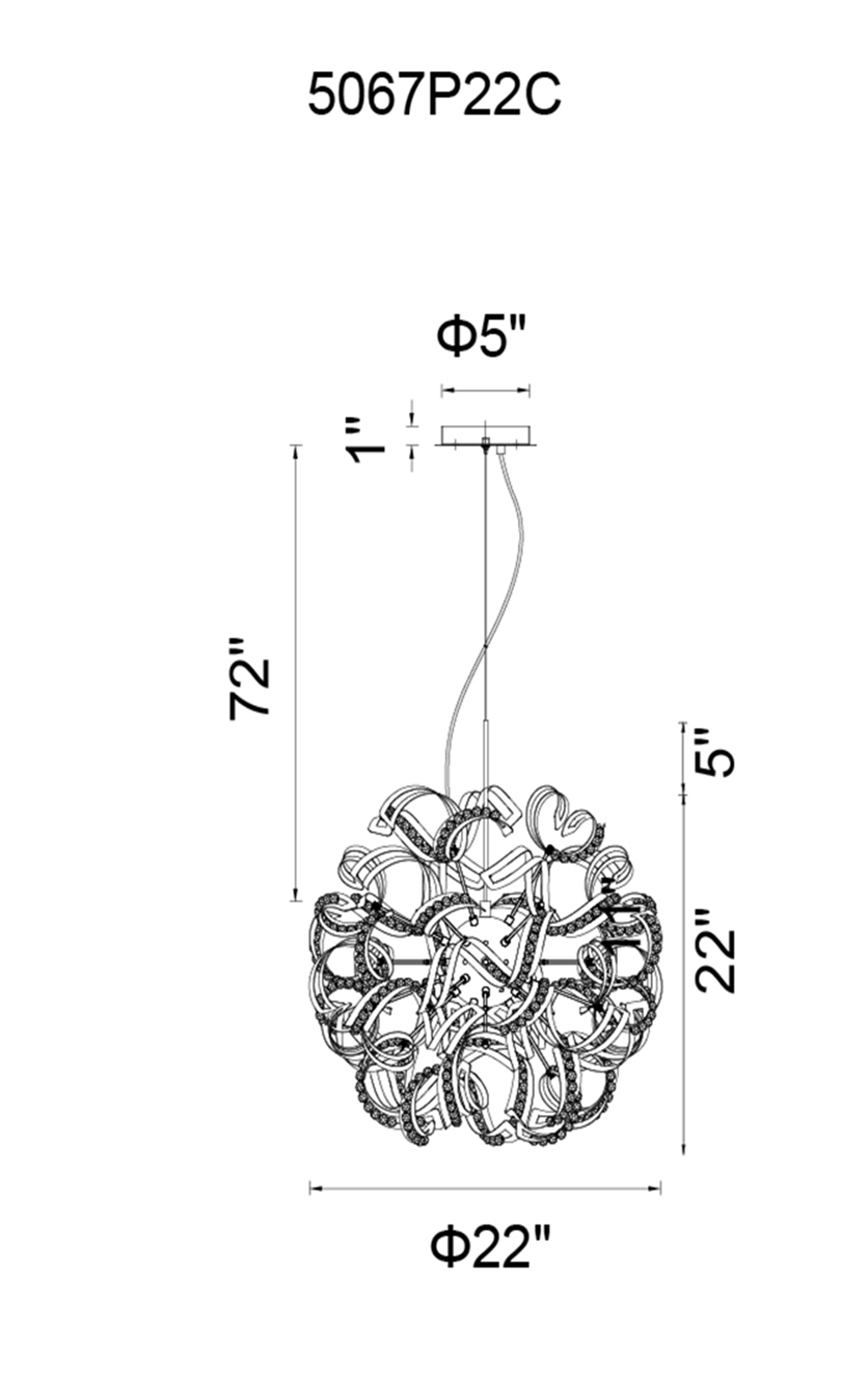 CWI Lighting Swivel 14 Light Chandelier With Chrome Finish Model: 5067P22C Line Drawing