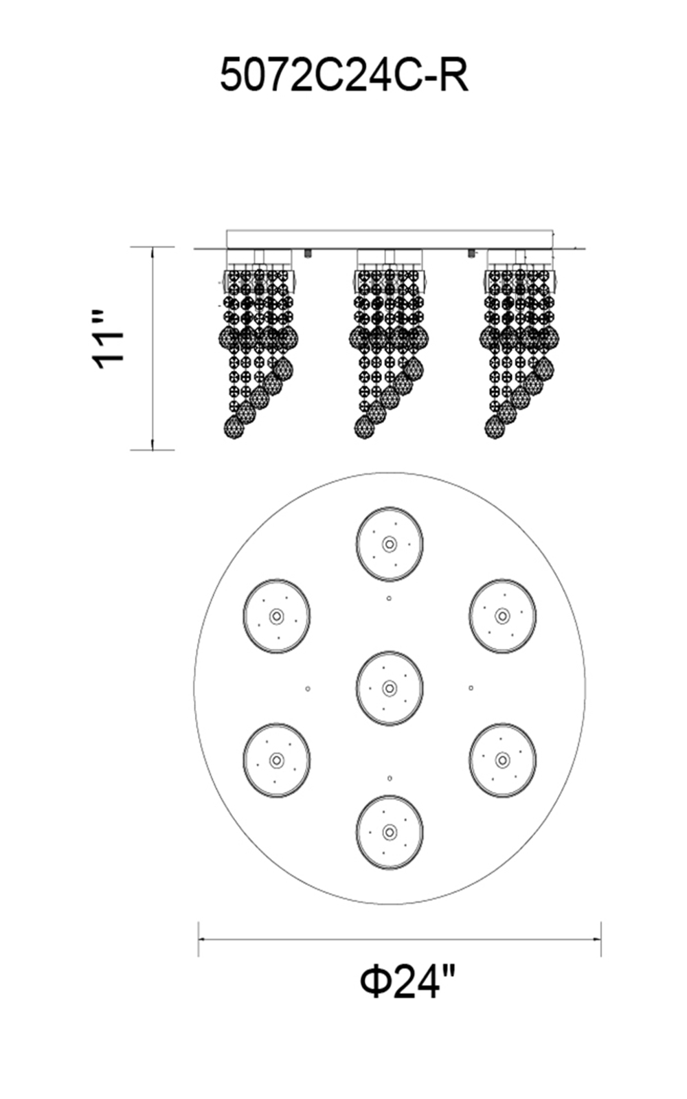 CWI Lighting Monica 7 Light Flush Mount With Chrome Finish Model: 5072C24C-R Line Drawing