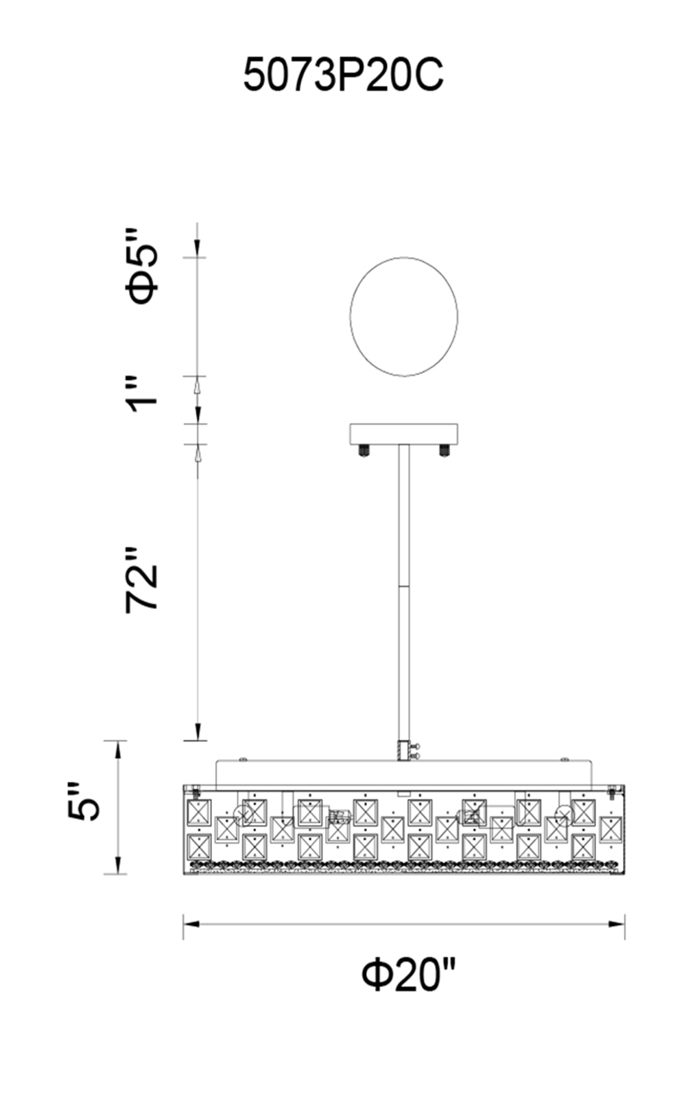 CWI Lighting Cinderella 6 Light Down Chandelier With Chrome Finish Model: 5073P20C Line Drawing