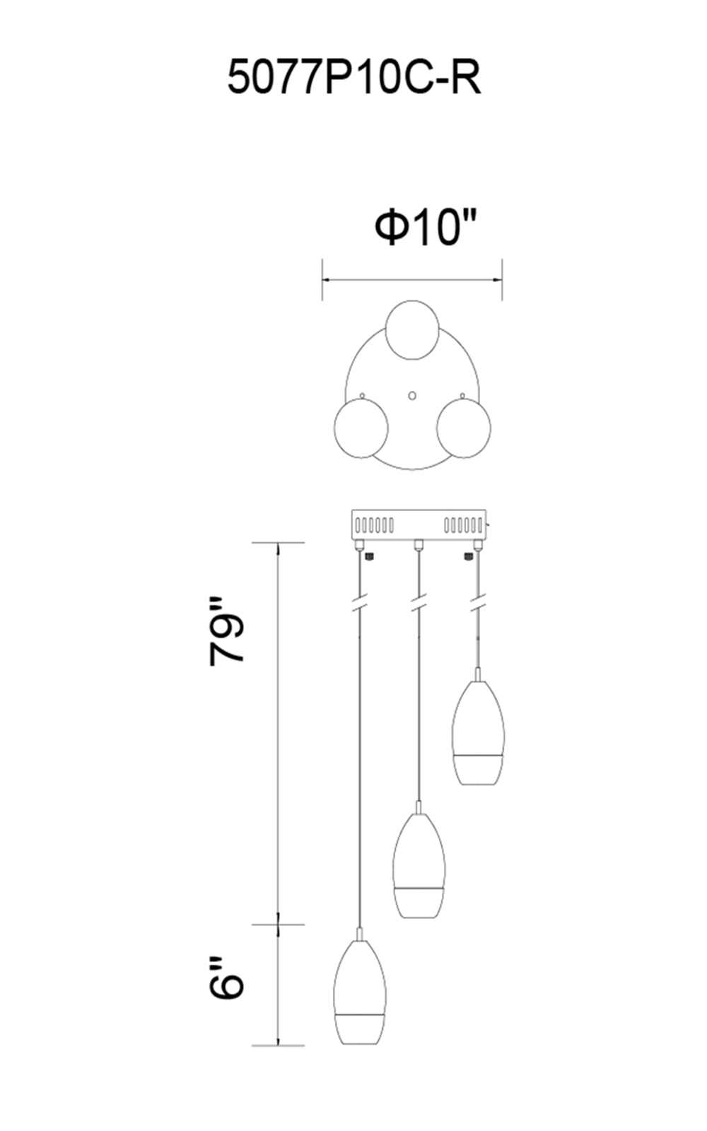 CWI Lighting Perrier 3 Light Multi Light Pendant With Chrome Model: 5077P10C-R Line Drawing