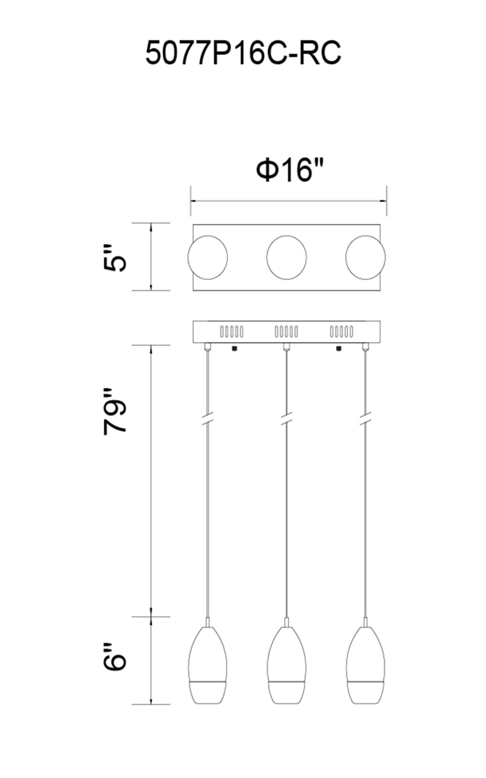CWI Lighting Perrier 3 Light Multi Light Pendant With Chrome Model: 5077P16C-RC Line Drawing