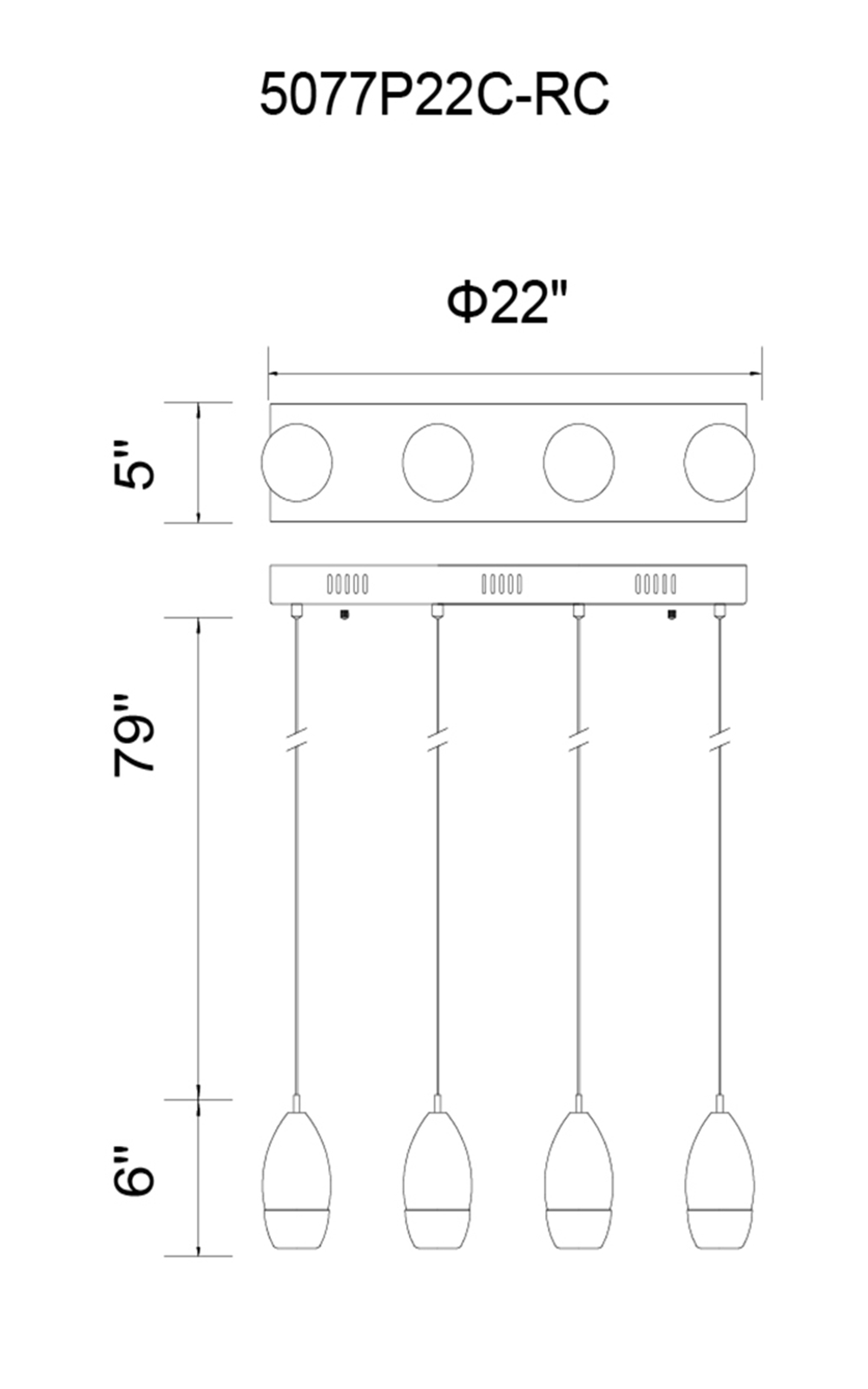 CWI Lighting Perrier 4 Light Multi Light Pendant With Chrome Model: 5077P22C-RC Line Drawing