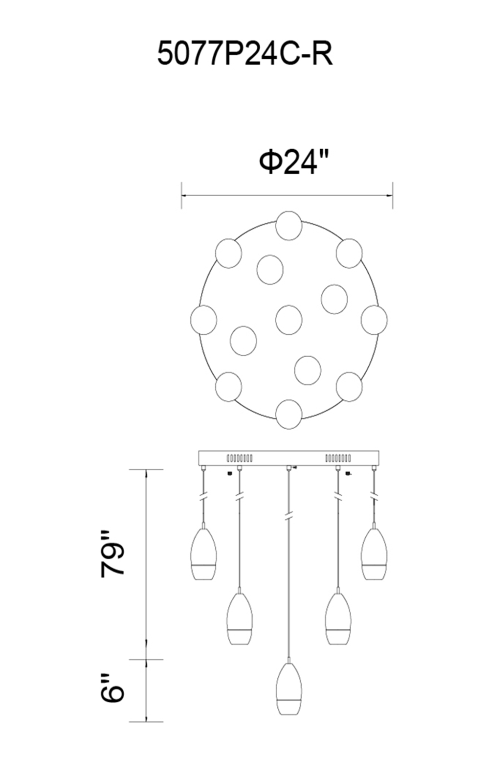CWI Lighting Perrier 13 Light Multi Light Pendant With Chrome Model: 5077P24C-R Line Drawing