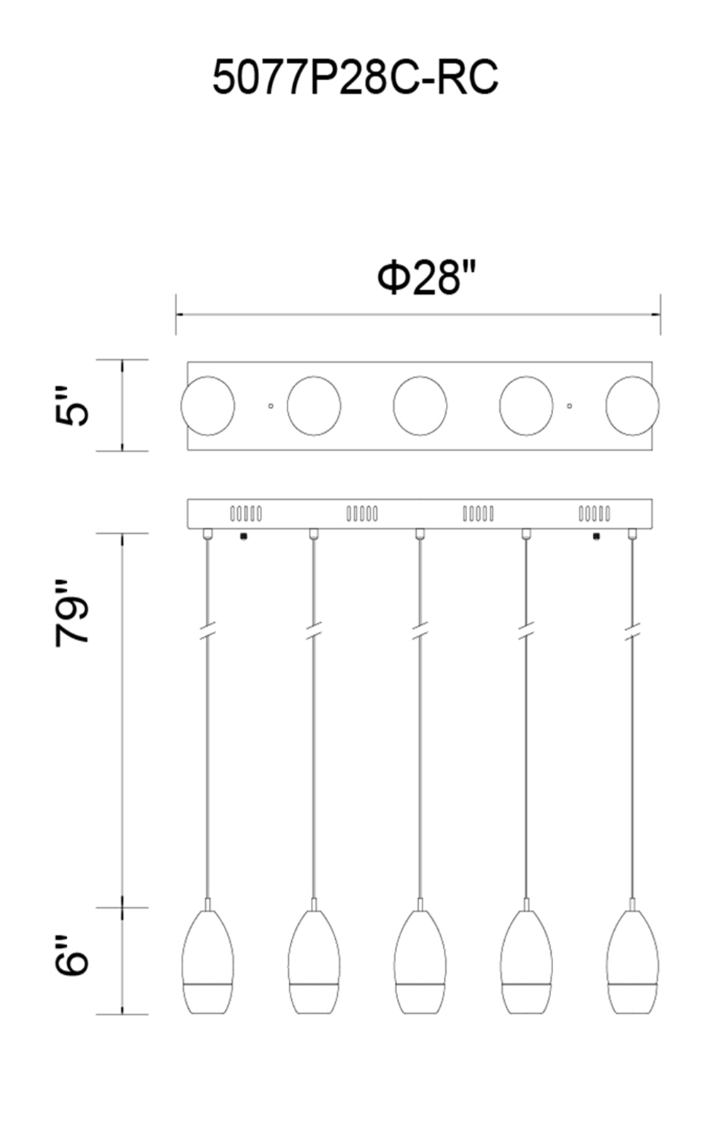 CWI Lighting Perrier 5 Light Multi Light Pendant With Chrome Model: 5077P28C-RC Line Drawing