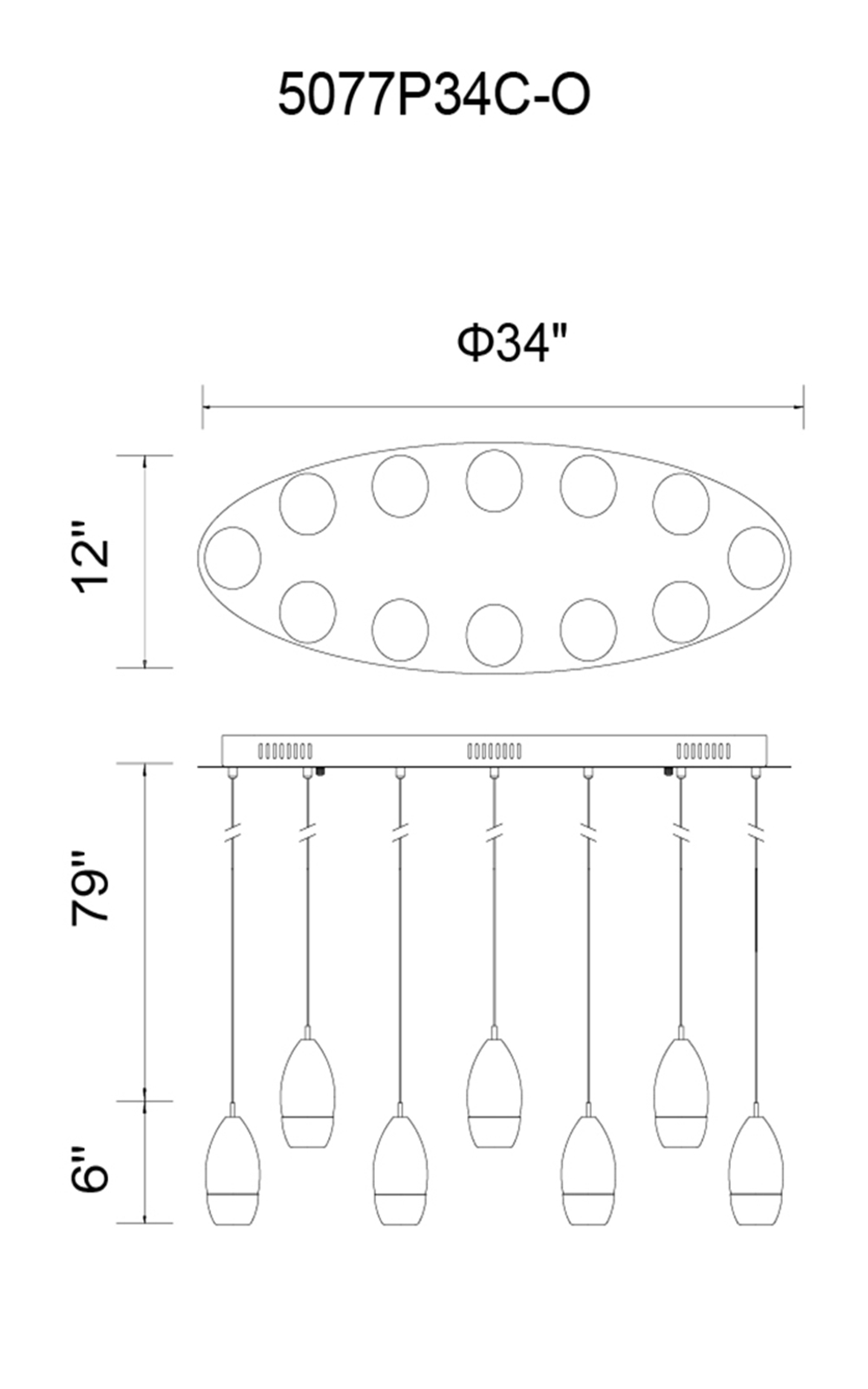 CWI Lighting Perrier 12 Light Multi Light Pendant With Chrome Model: 5077P34C-O Line Drawing