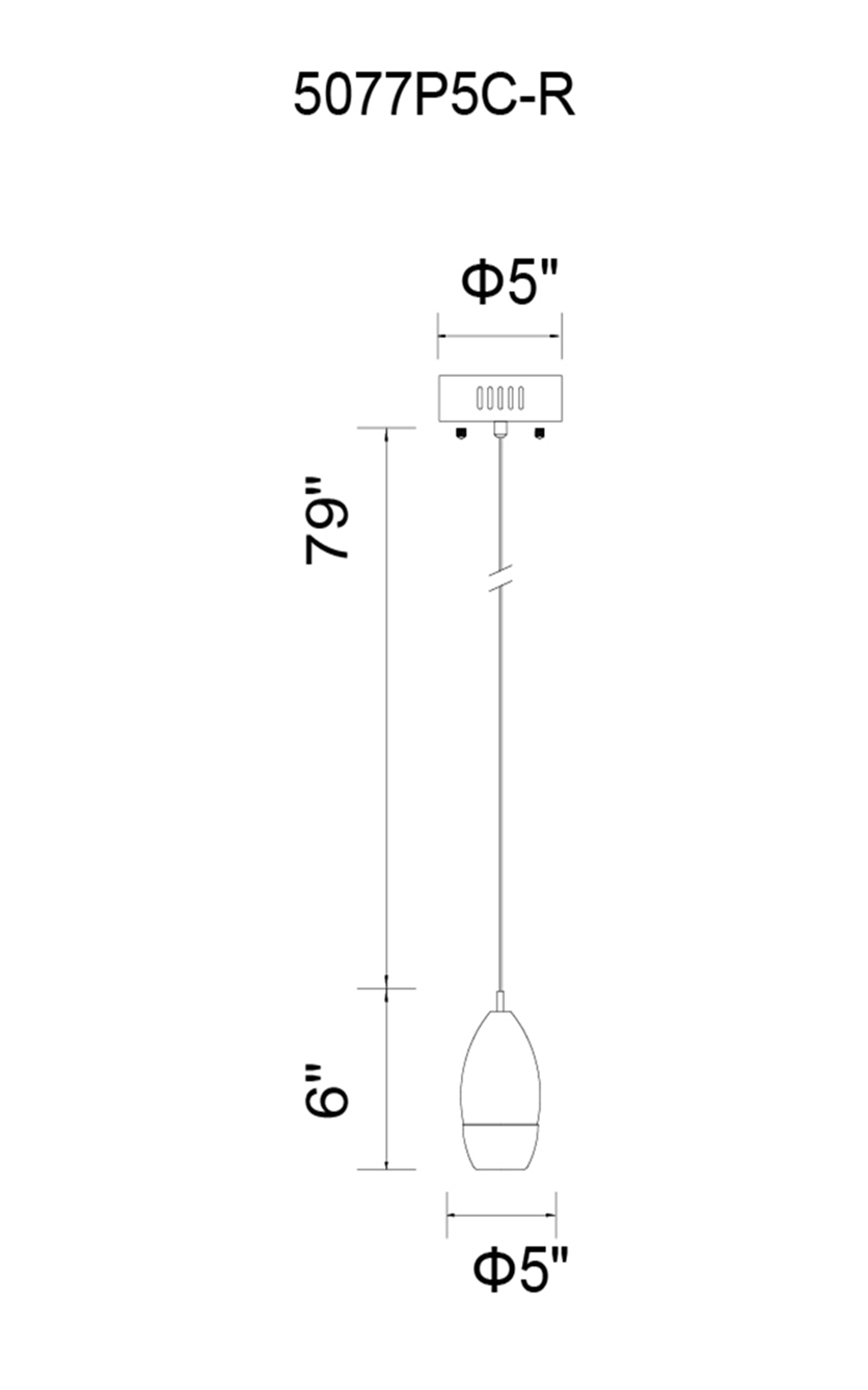 CWI Lighting Perrier 1 Light Down Mini Pendant With Chrome Finish Model: 5077P5C-R Line Drawing