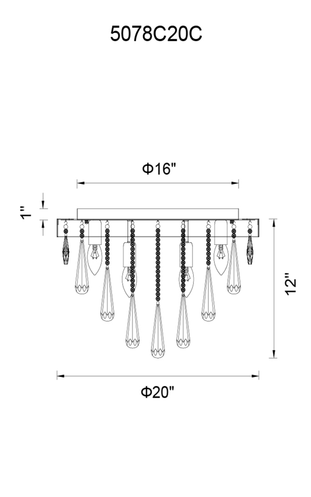 CWI Lighting Vast 8 Light Flush Mount With Chrome Finish Model: 5078C20C Line Drawing