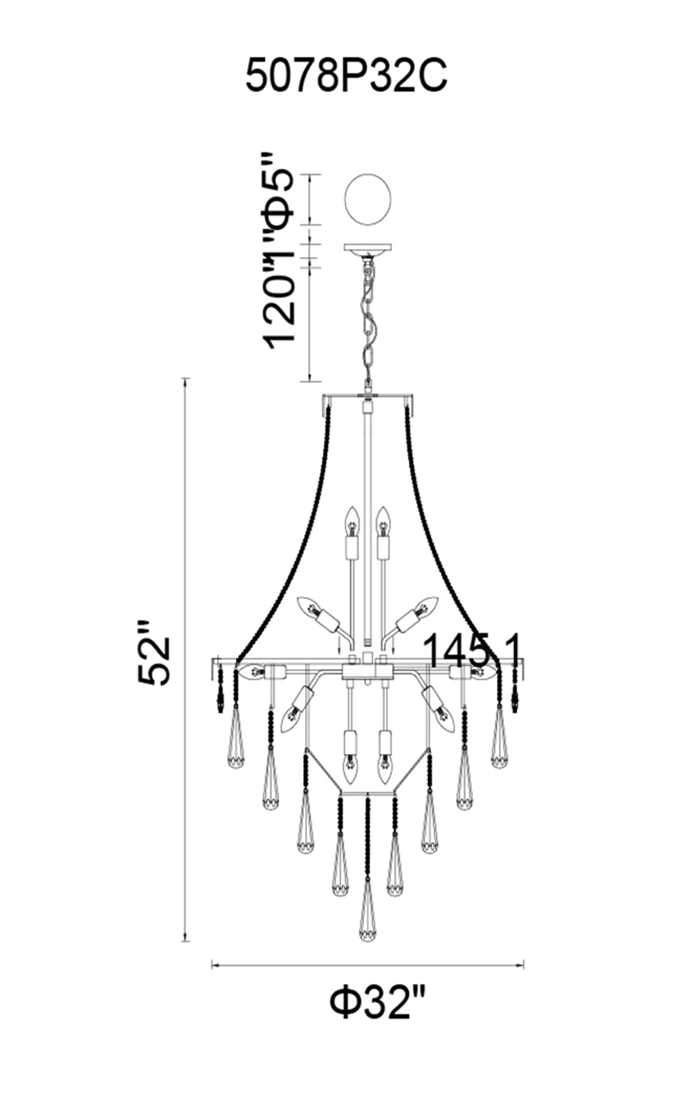 CWI Lighting Vast 17 Light Down Chandelier With Chrome Finish Model: 5078P32C (CLEAR) Line Drawing