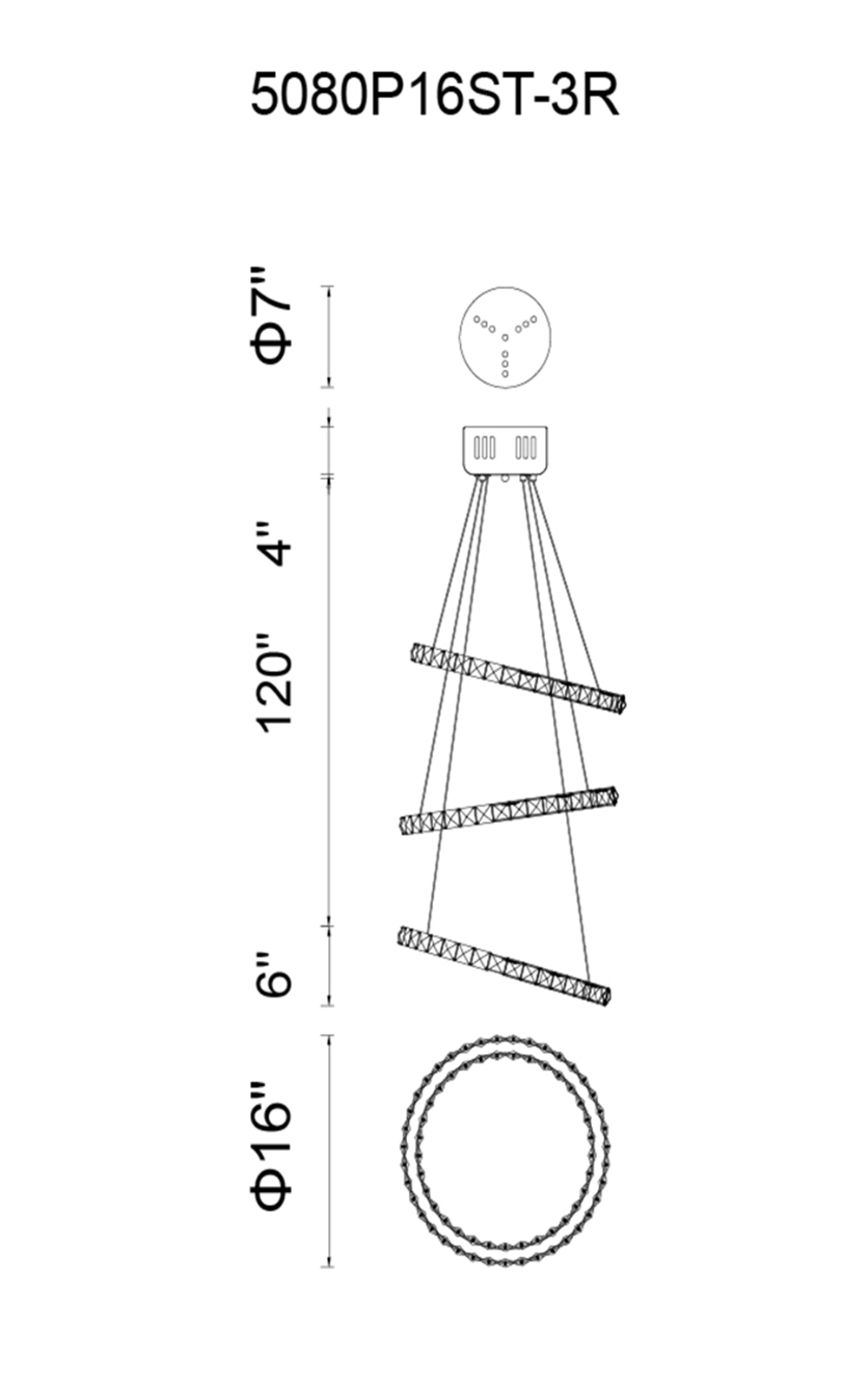 CWI Lighting Ring LED Chandelier With Chrome Finish Model: 5080P16ST-3R Line Drawing