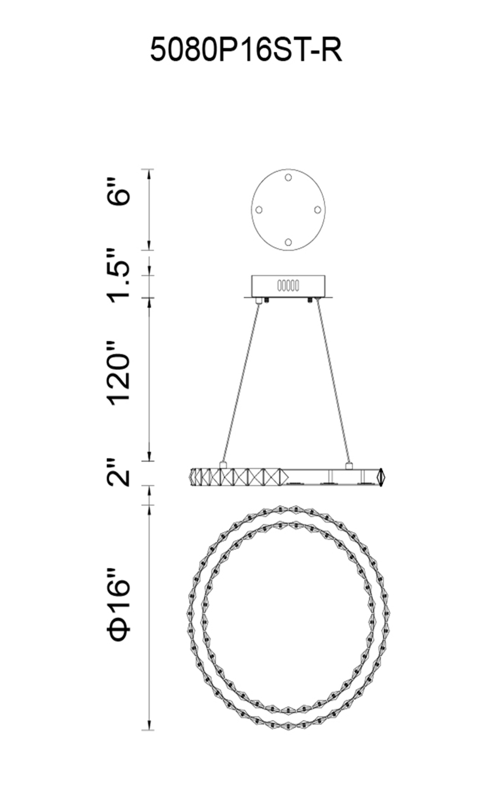 CWI Lighting Ring LED Chandelier With Chrome Finish Model: 5080P16ST-R Line Drawing
