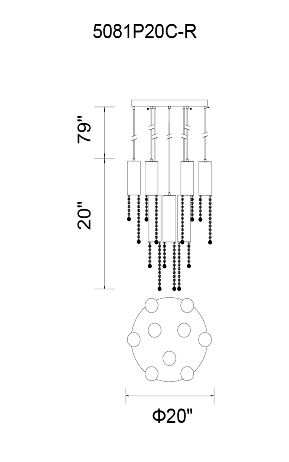 CWI Lighting Extended 9 Light Multi Light Pendant With Chrome Model: 5081P20C-R Line Drawing