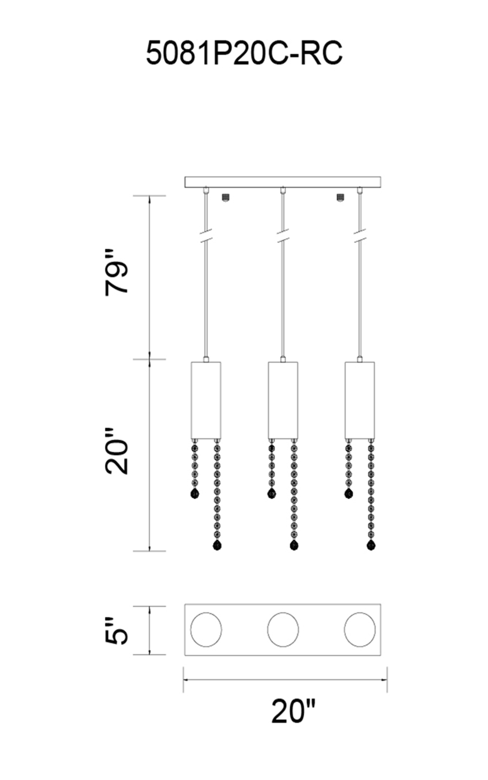 CWI Lighting Extended 3 Light Multi Light Pendant With Chrome Model: 5081P20C-RC Line Drawing