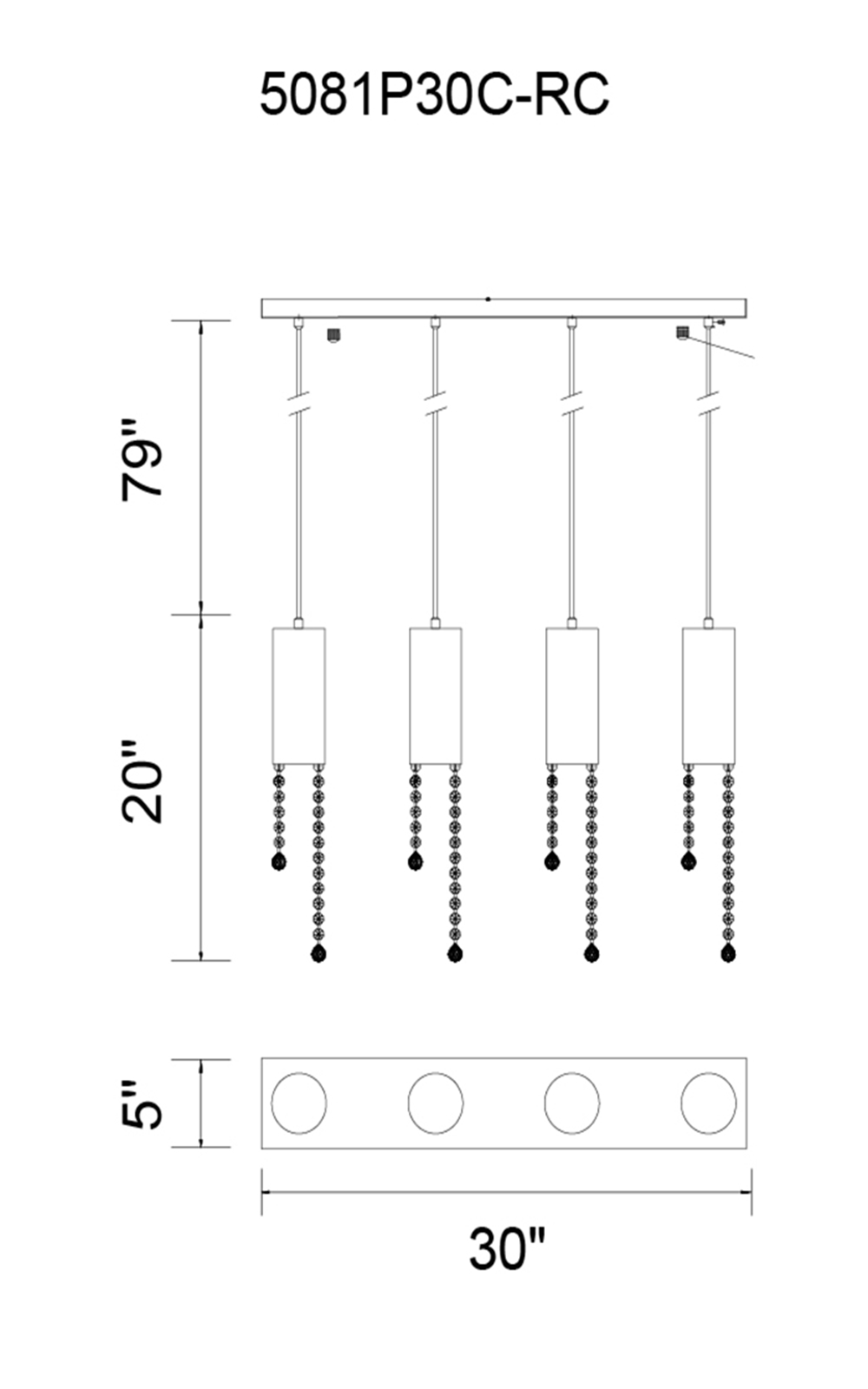 CWI Lighting Extended 4 Light Multi Light Pendant With Chrome Model: 5081P30C-RC Line Drawing