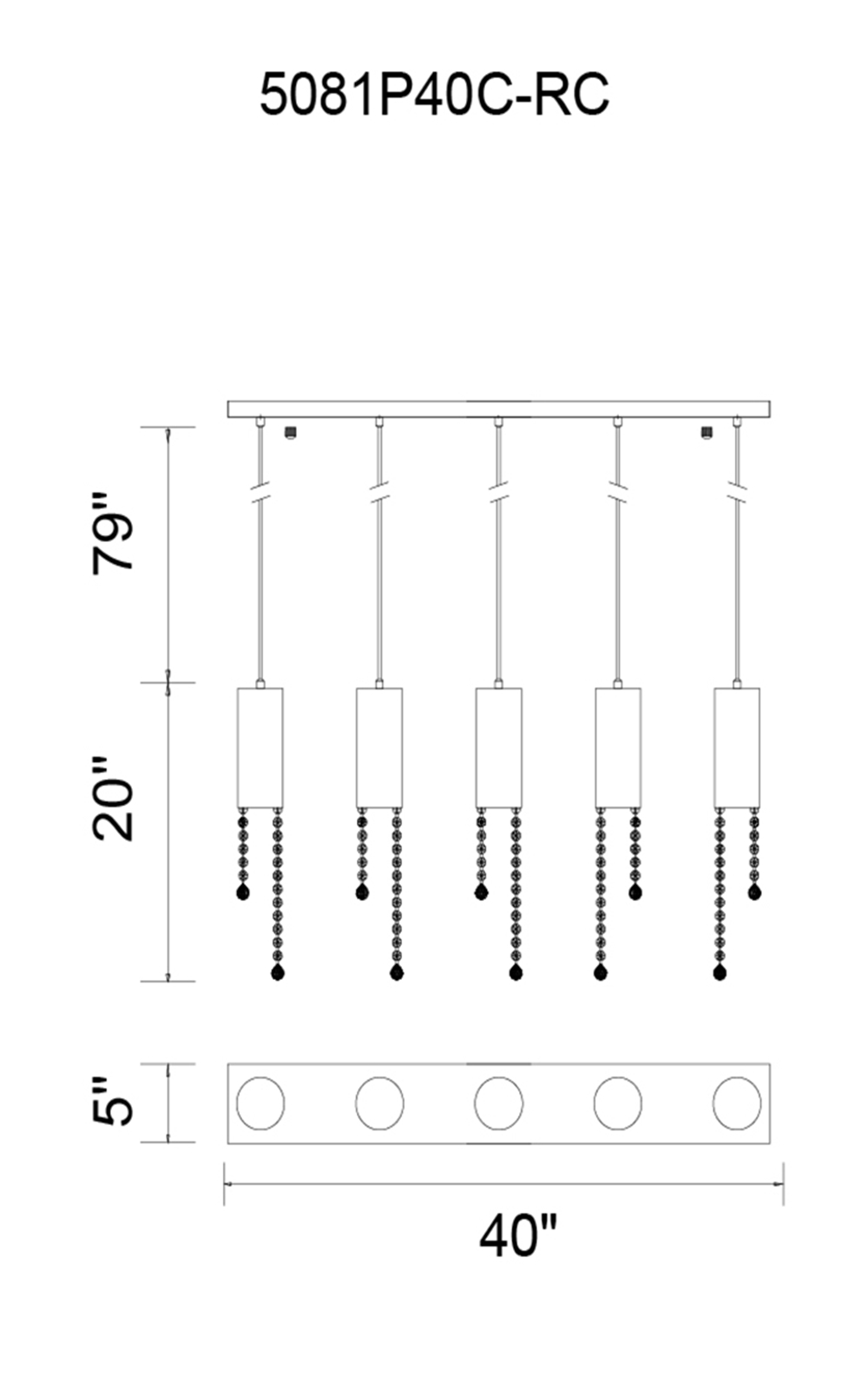 CWI Lighting Extended 5 Light Multi Light Pendant With Chrome Model: 5081P40C-RC Line Drawing