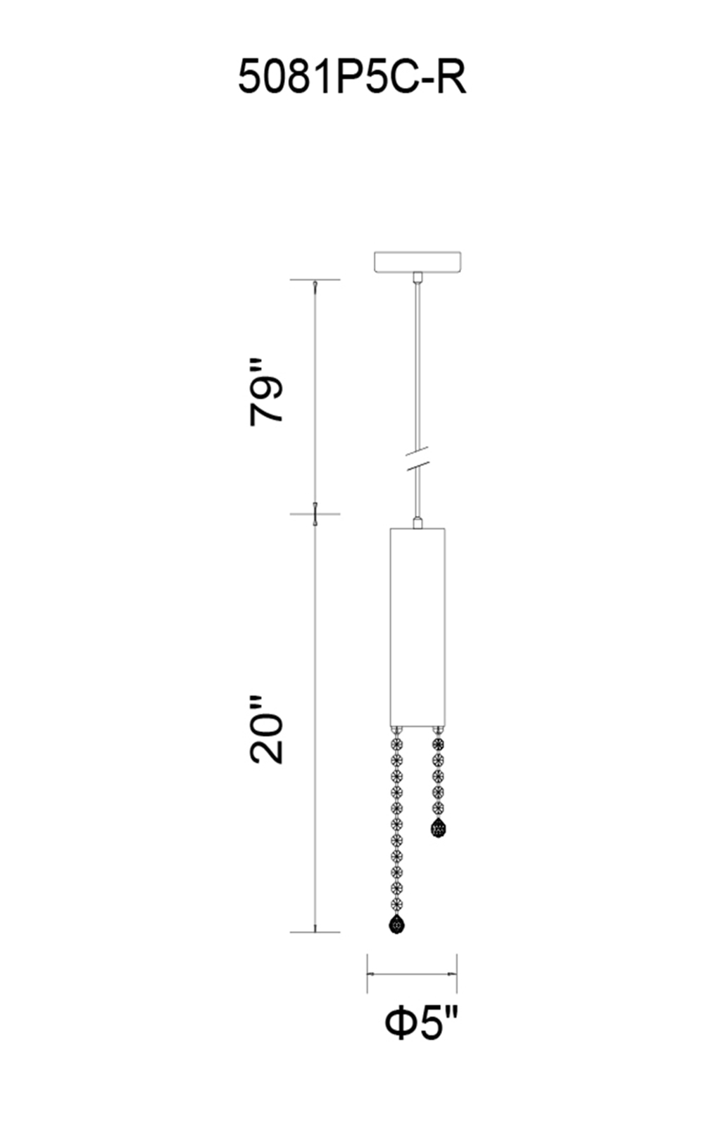 CWI Lighting Extended 1 Light Down Mini Pendant With Chrome Finish Model: 5081P5C-R Line Drawing