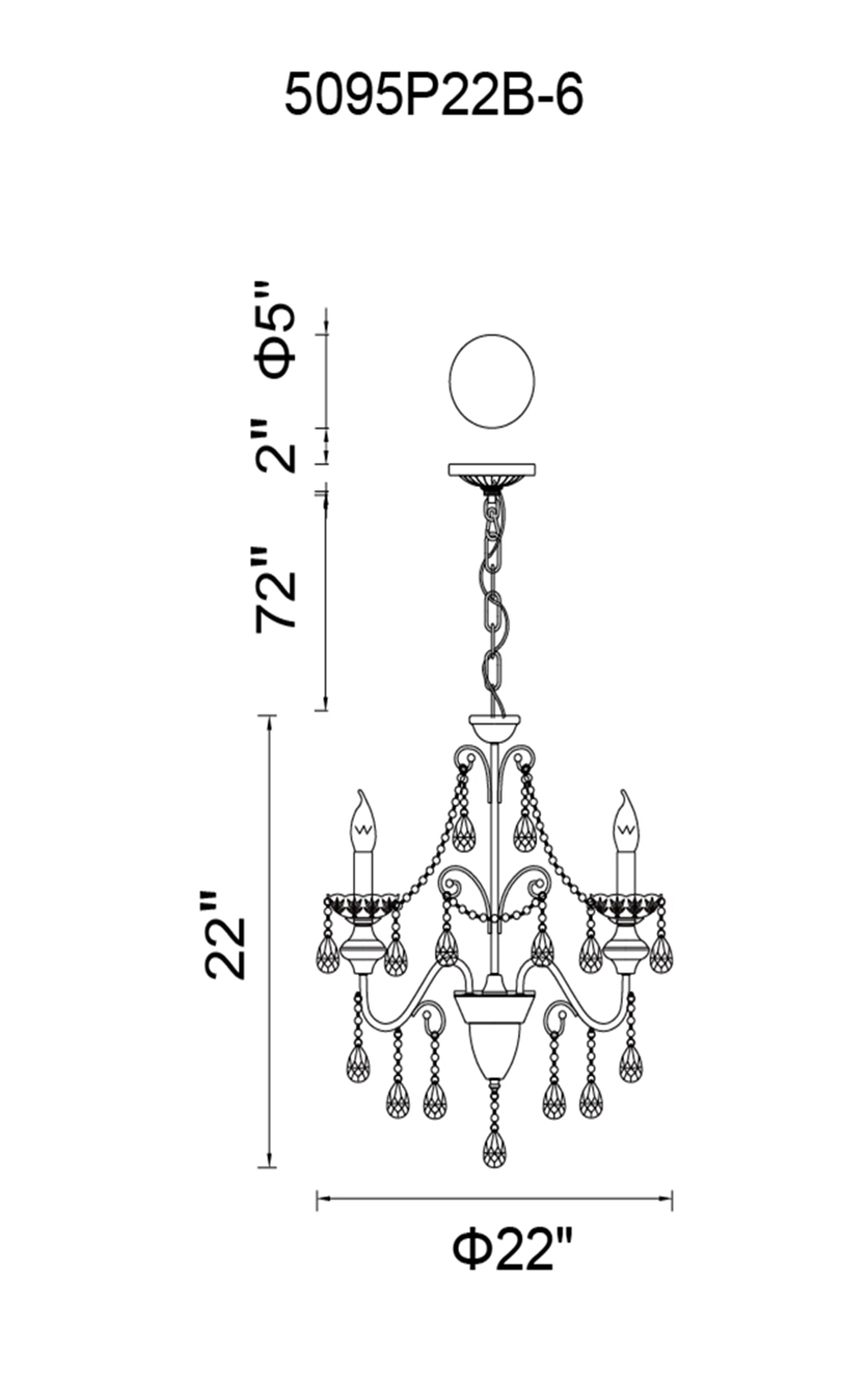 CWI Lighting Keen 6 Light Up Chandelier With Black Finish Model: 5095P22B-6 Line Drawing