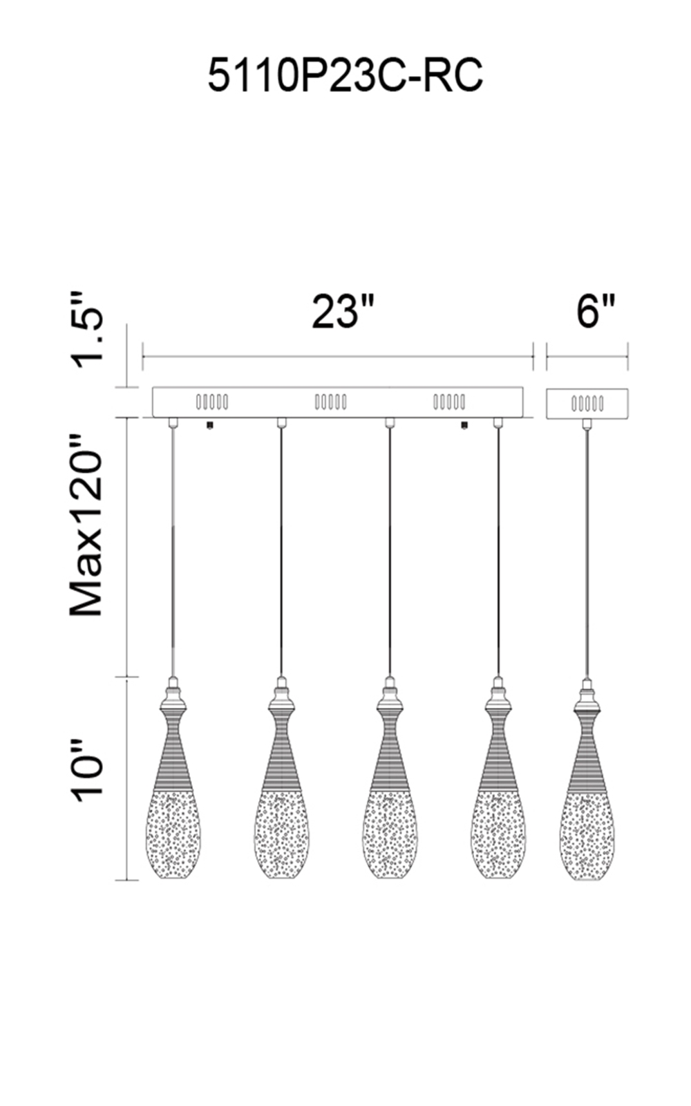 CWI Lighting Dior LED Multi Point Pendant With Chrome Finish Model: 5110P23C-RC Line Drawing
