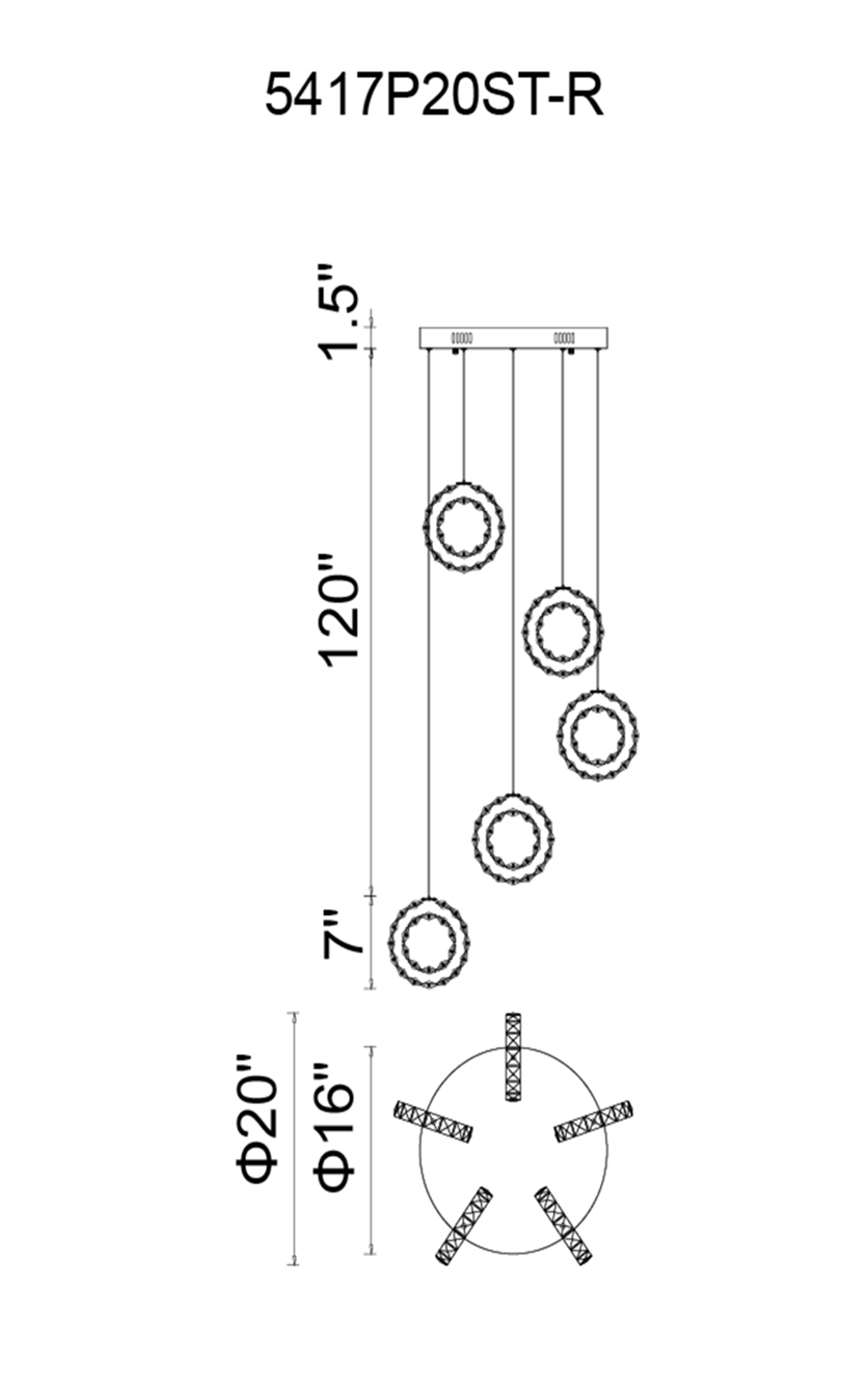 CWI Lighting Ring LED Multi Light Pendant With Chrome Finish Model: 5417P20ST-R Line Drawing