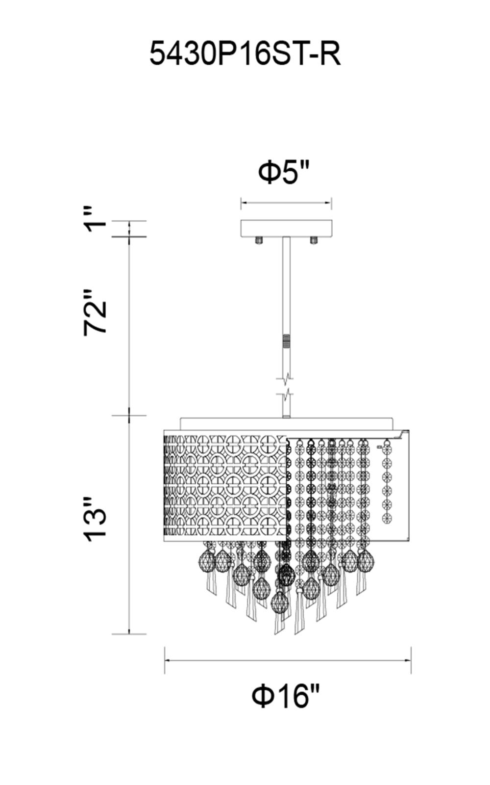 CWI Lighting Galant 5 Light Drum Shade Chandelier With Chrome Model: 5430P16ST-R Line Drawing