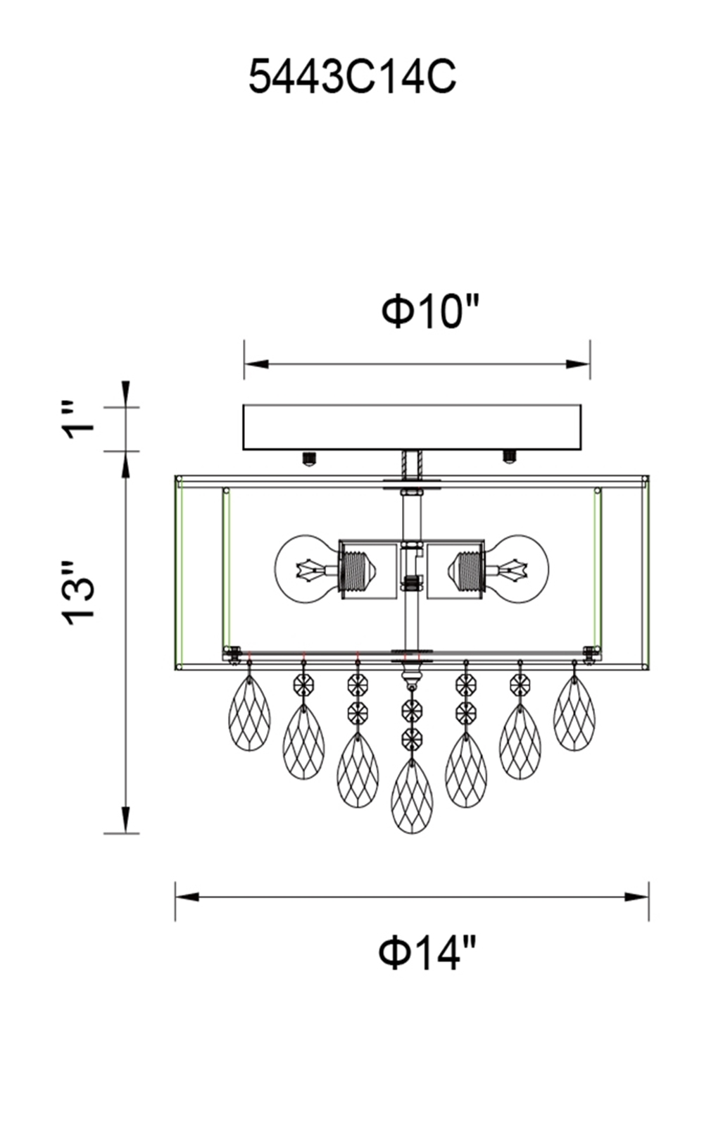 CWI Lighting Dash 3 Light Drum Shade Flush Mount With Chrome Model: 5443C14C (BLACK) Line Drawing