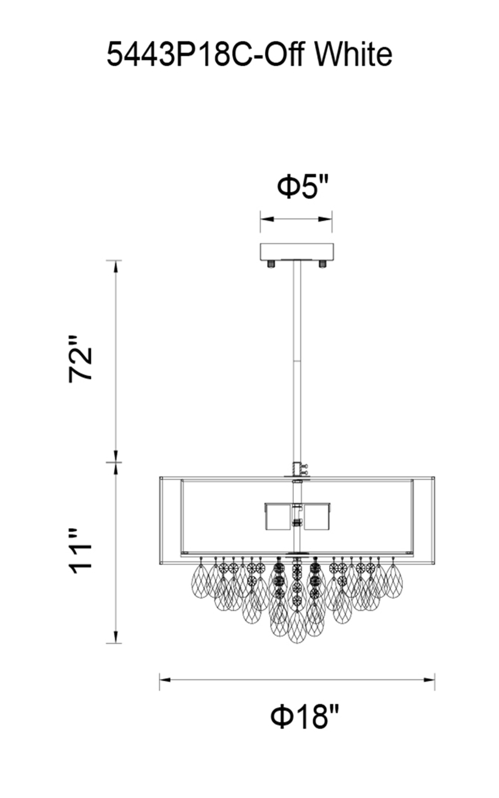CWI Lighting Dash 4 Light Drum Shade Chandelier With Chrome Model: 5443P18C (OFF WHITE) Line Drawing