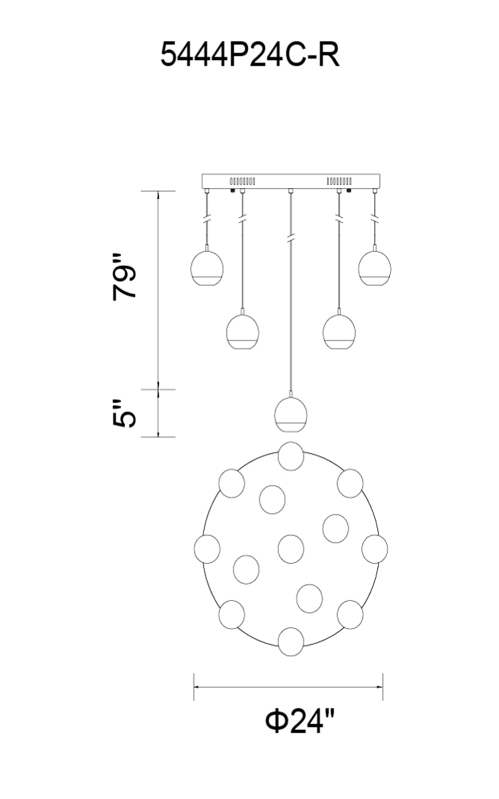 CWI Lighting Perrier 13 Light Multi Light Pendant With Chrome Model: 5444P24C-R Line Drawing