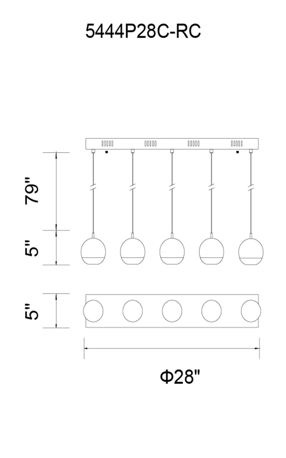 CWI Lighting Perrier 5 Light Multi Light Pendant With Chrome Model: 5444P28C-RC Line Drawing