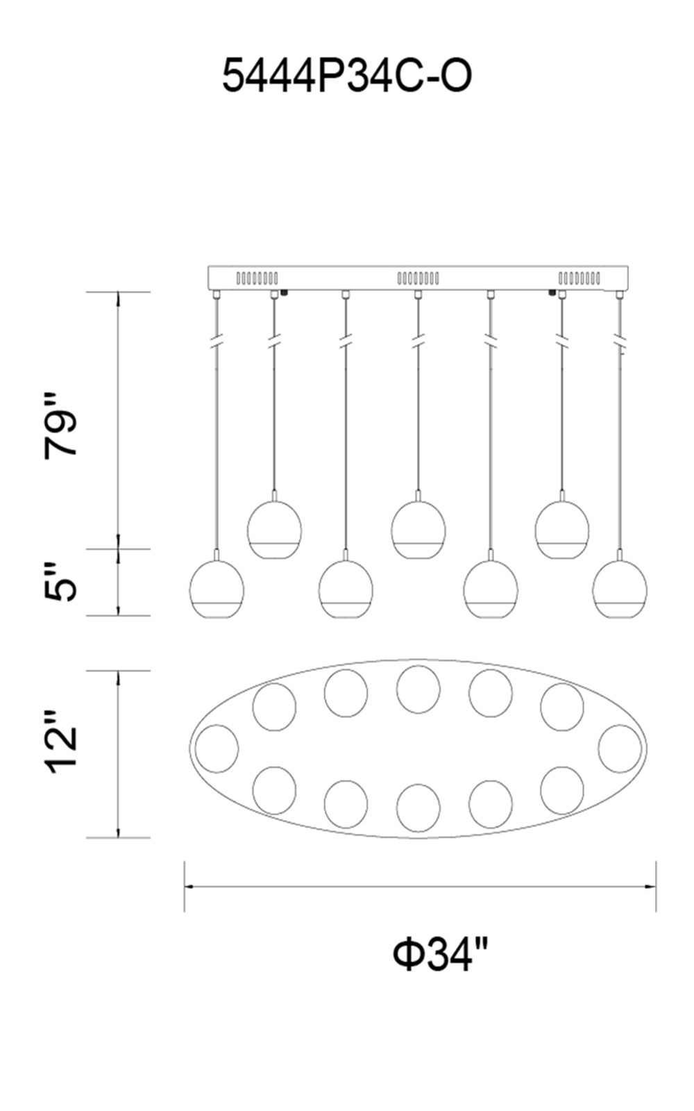 CWI Lighting Perrier 12 Light Multi Light Pendant With Chrome Model: 5444P34C-O Line Drawing