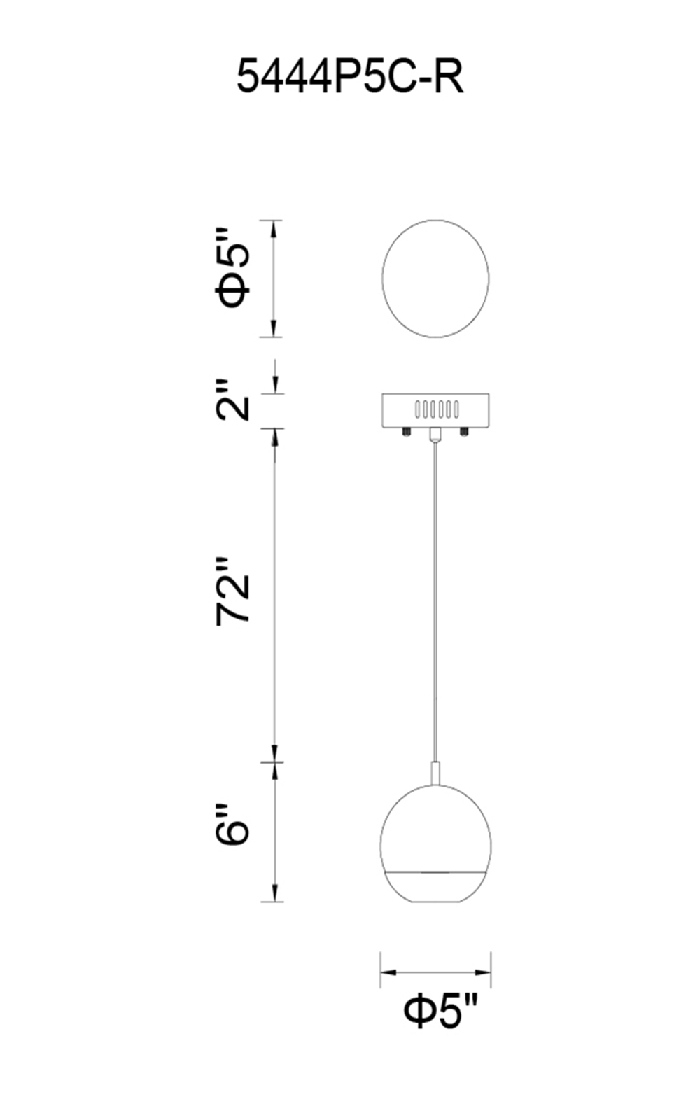 CWI Lighting Perrier 1 Light Down Mini Pendant With Chrome Finish Model: 5444P5C-R Line Drawing