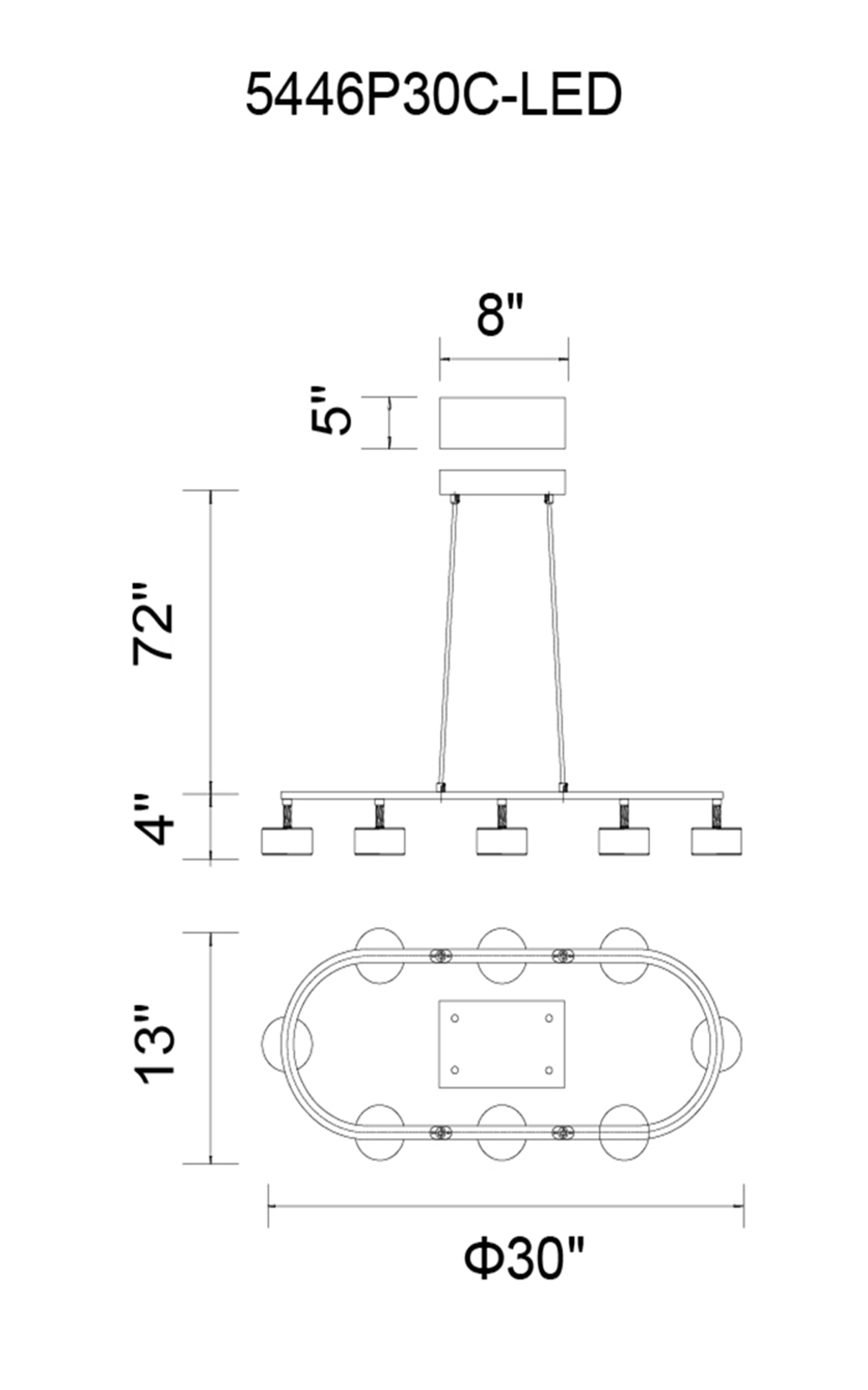 CWI Lighting Trail LED Down Pendant With Black & Chrome Finish Model: 5446P30C-LED Line Drawing