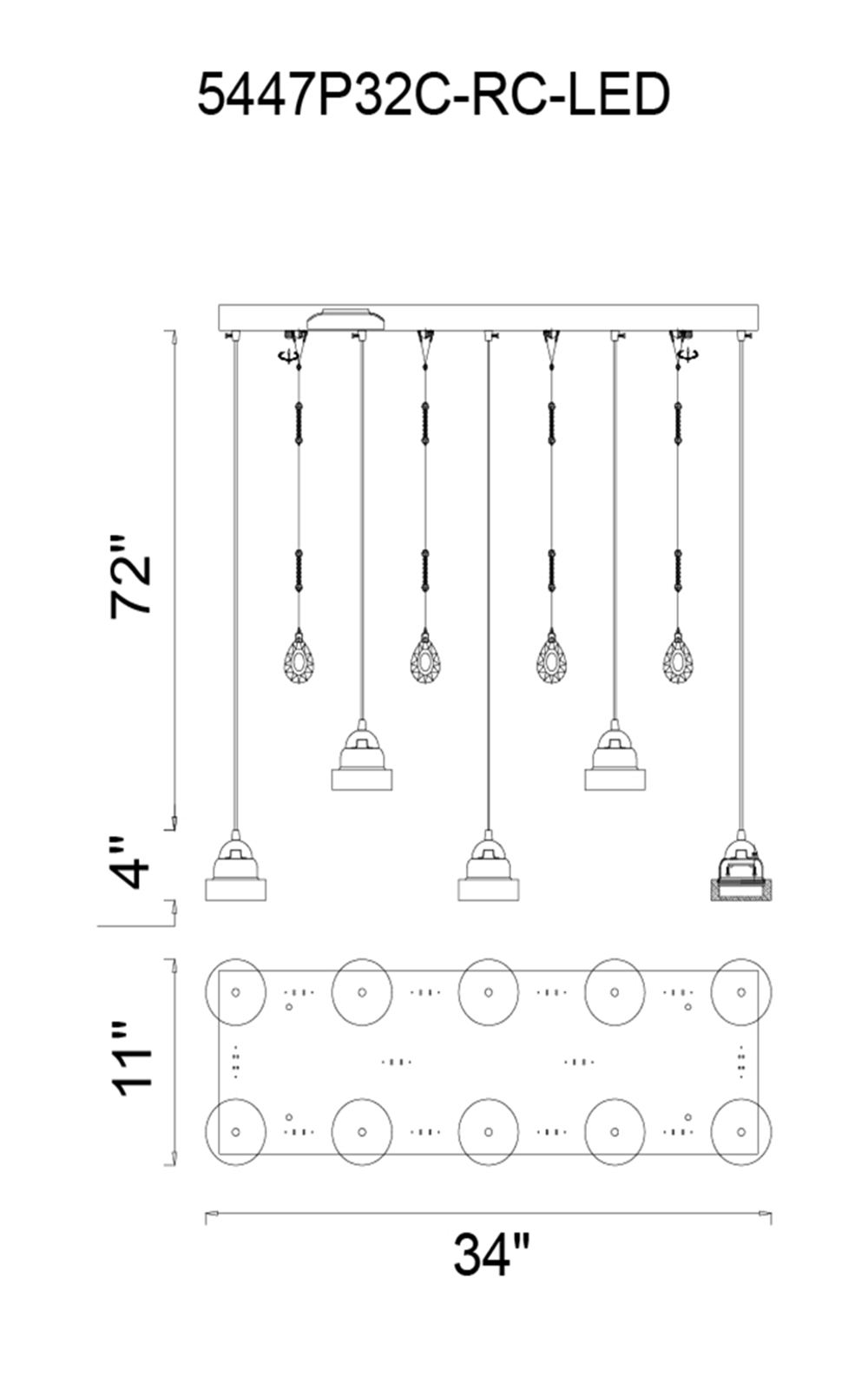 CWI Lighting Mariann LED Down Chandelier With Chrome Finish Model: 5447P32C-RC-LED Line Drawing