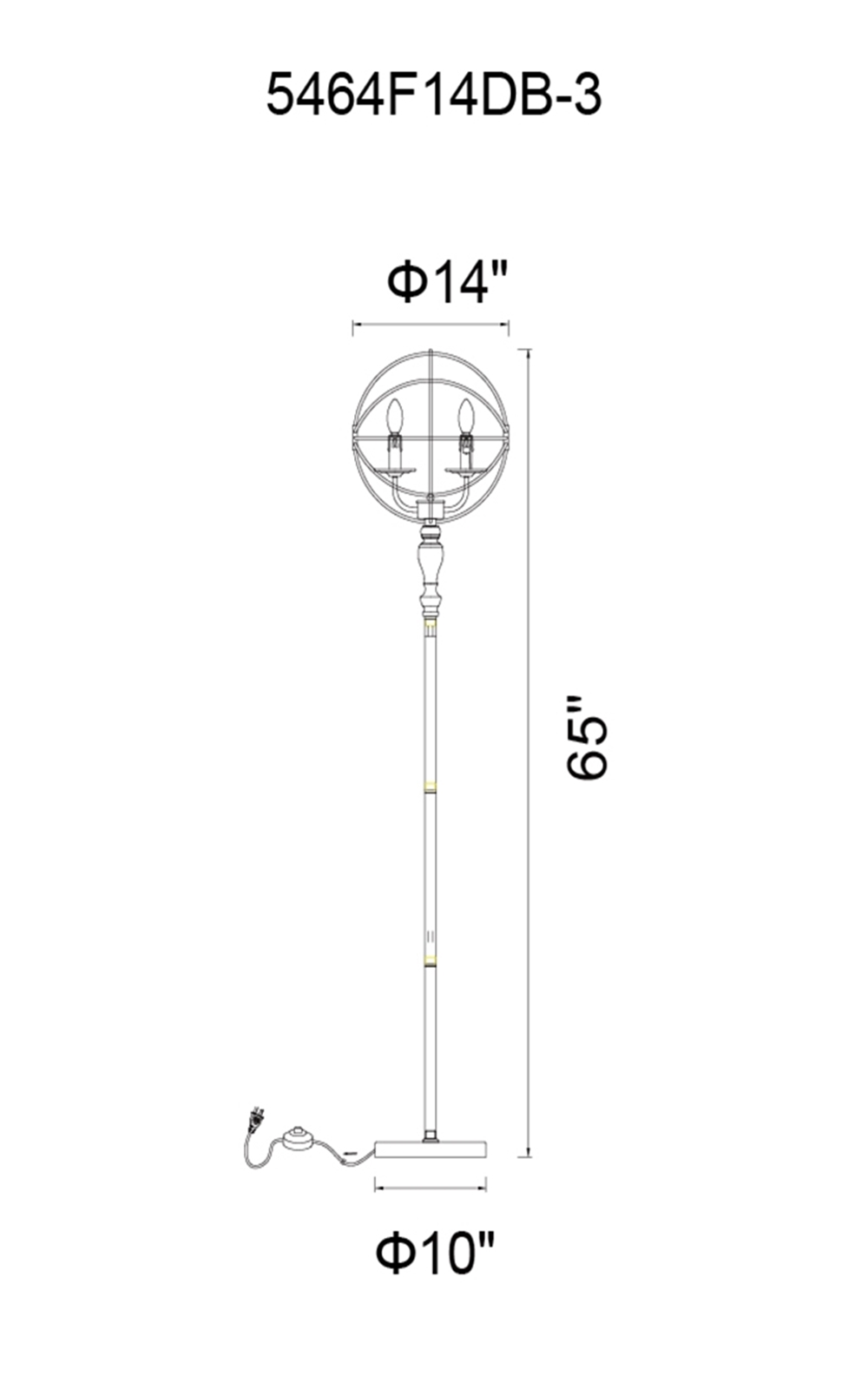 CWI Lighting Arza 3 Light Floor Lamp With Brown Finish Model: 5464F14DB-3 Line Drawing