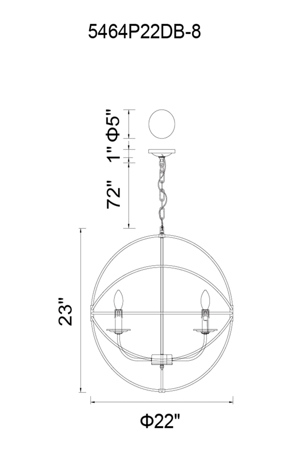 CWI Lighting Arza 8 Light Up Chandelier With Brown Finish Model: 5464P22DB-8 Line Drawing