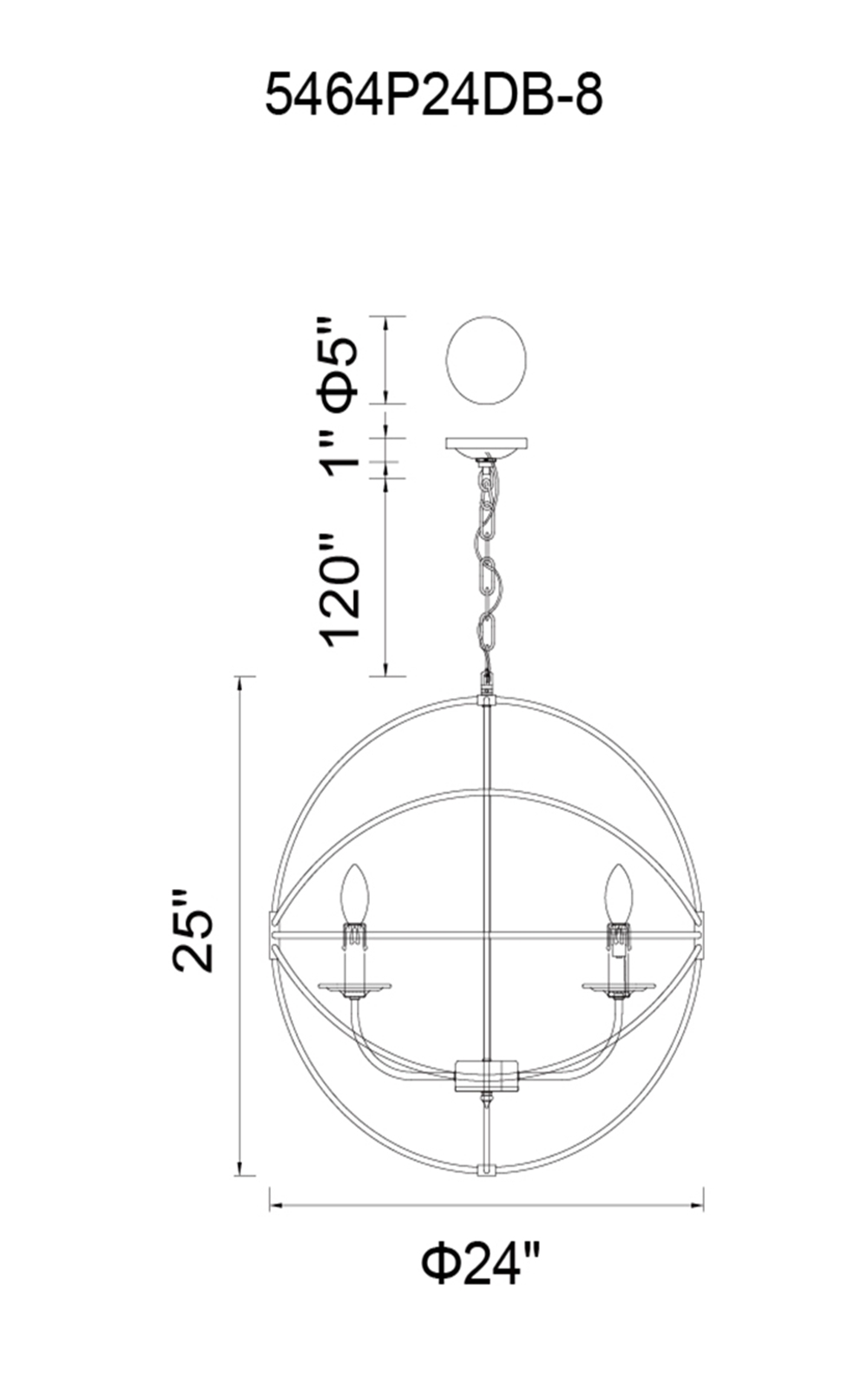 CWI Lighting Arza 8 Light Up Chandelier With Brown Finish Model: 5464P24DB-8 Line Drawing