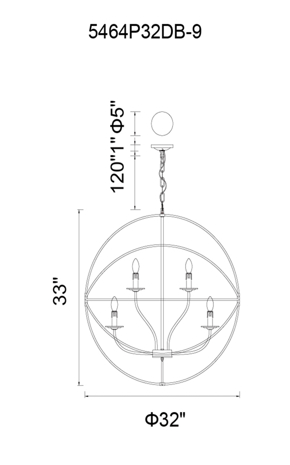 CWI Lighting Arza 9 Light Up Chandelier With Brown Finish Model: 5464P32DB-9 Line Drawing