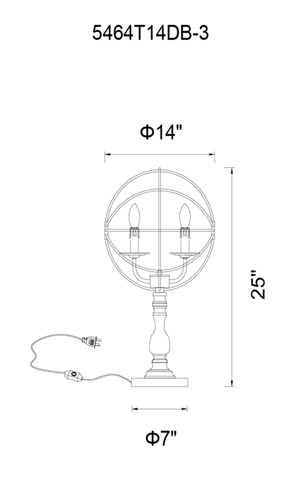 CWI Lighting Arza 3 Light Table Lamp With Brown Finish Model: 5464T14DB-3 Line Drawing