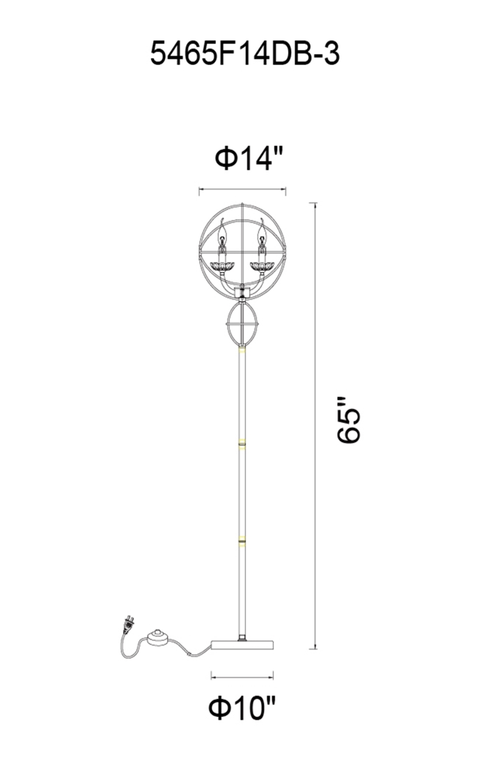 CWI Lighting Campechia 3 Light Floor Lamp With Brown Finish Model: 5465F14DB-3 Line Drawing