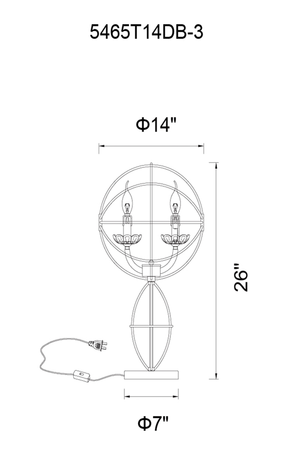 CWI Lighting Campechia 3 Light Table Lamp With Brown Finish Model: 5465T14DB-3 Line Drawing