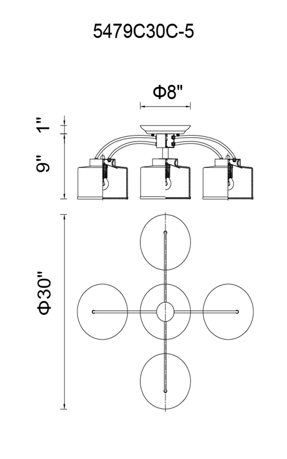 CWI Lighting Frosted 5 Light Drum Shade Flush Mount With Chrome Model: 5479C30C-5 Line Drawing
