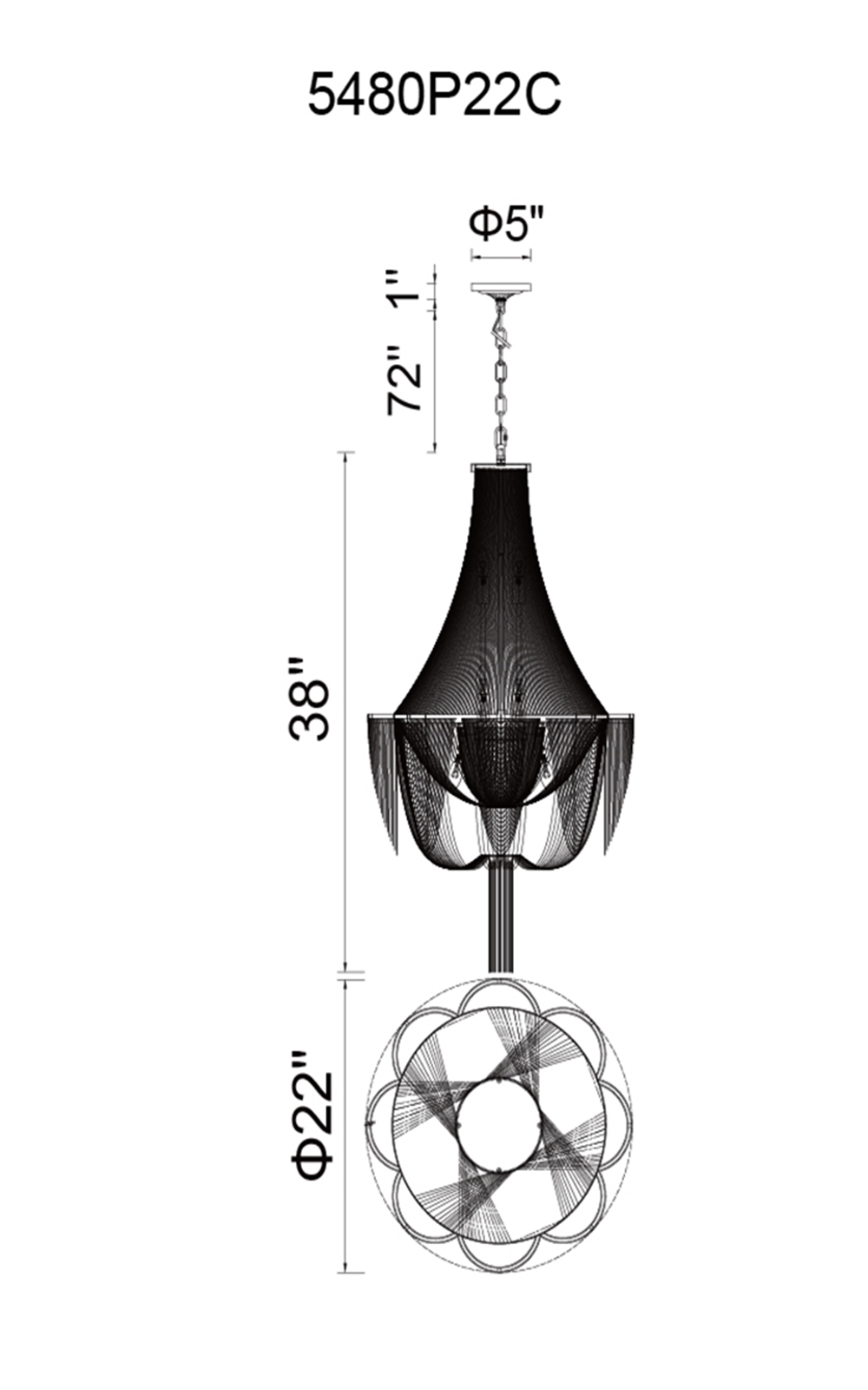 CWI Lighting Taylor 10 Light Down Chandelier With Chrome Finish Model: 5480P22C Line Drawing