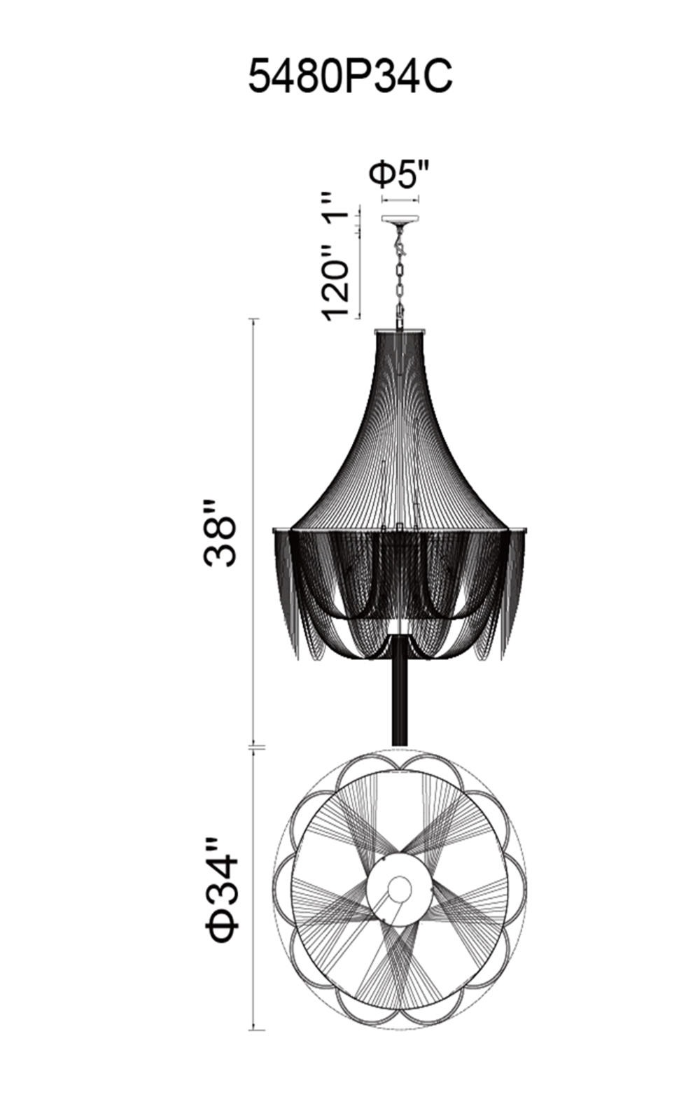 CWI Lighting Taylor 18 Light Down Chandelier With Chrome Finish Model: 5480P34C Line Drawing