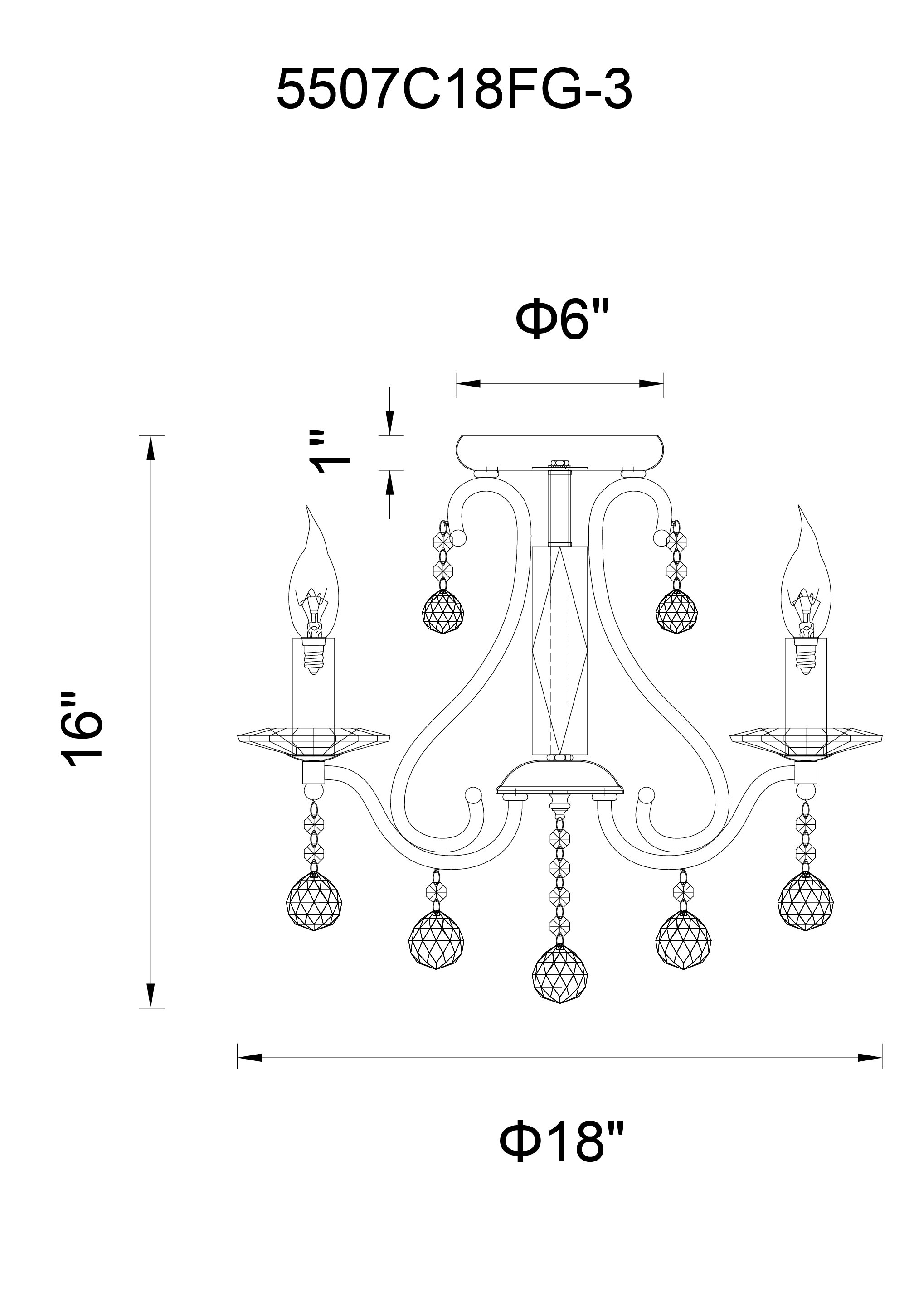 CWI Lighting Valentina 3 Light Flush Mount With Chrome Finish Model: 5507C18C-3 Line Drawing