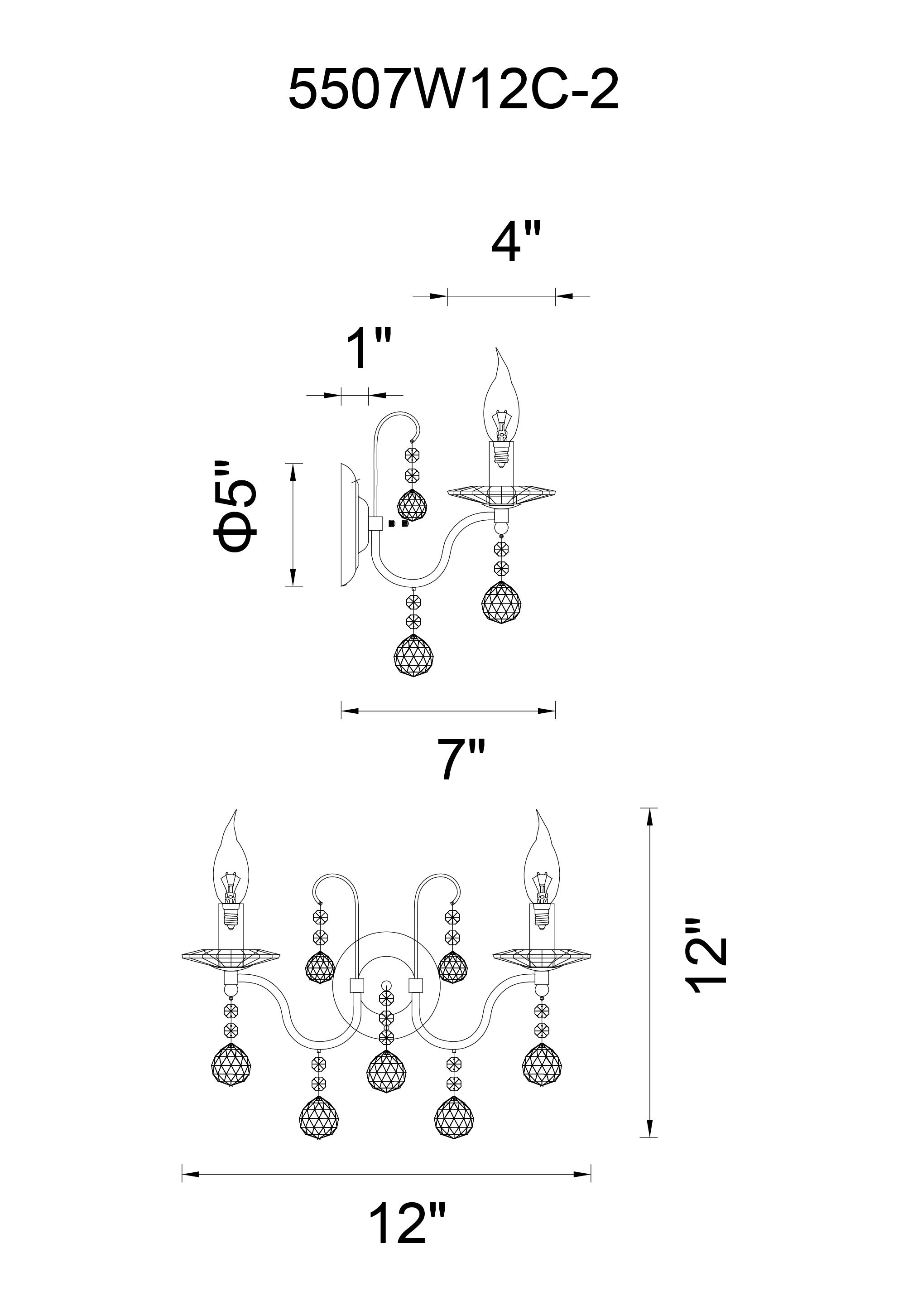 CWI Lighting Valentina 2 Light Wall Sconce With Chrome Finish Model: 5507W12C-2 Line Drawing