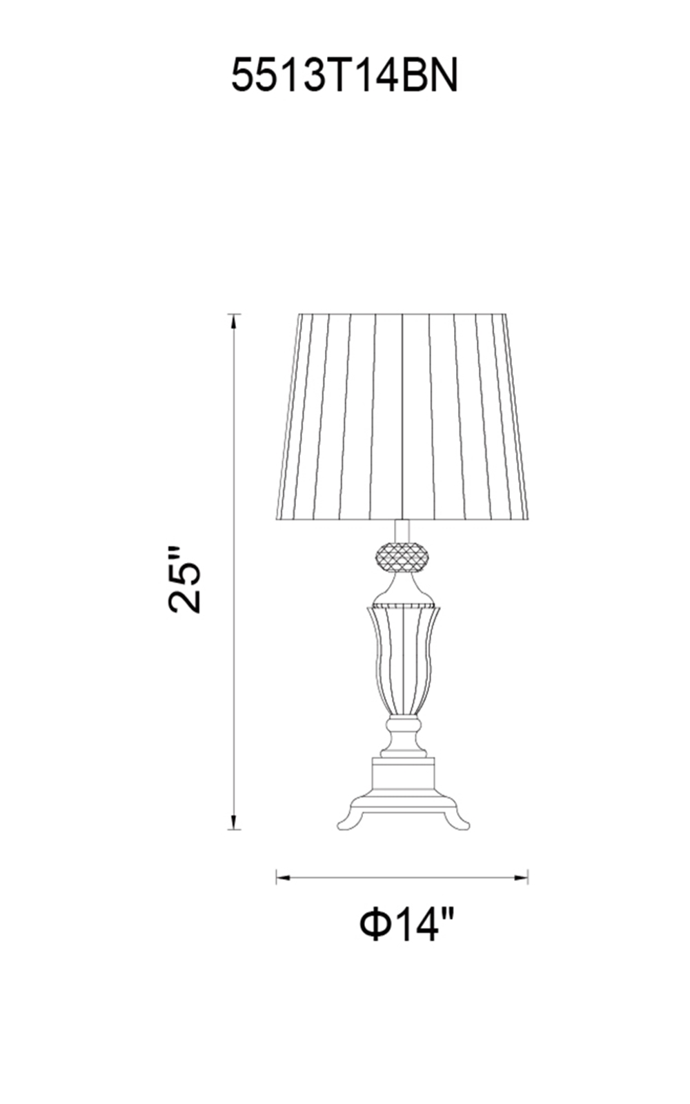 CWI Lighting Yale 1 Light Table Lamp With Brushed Nickel Finish Model: 5513T14BN Line Drawing