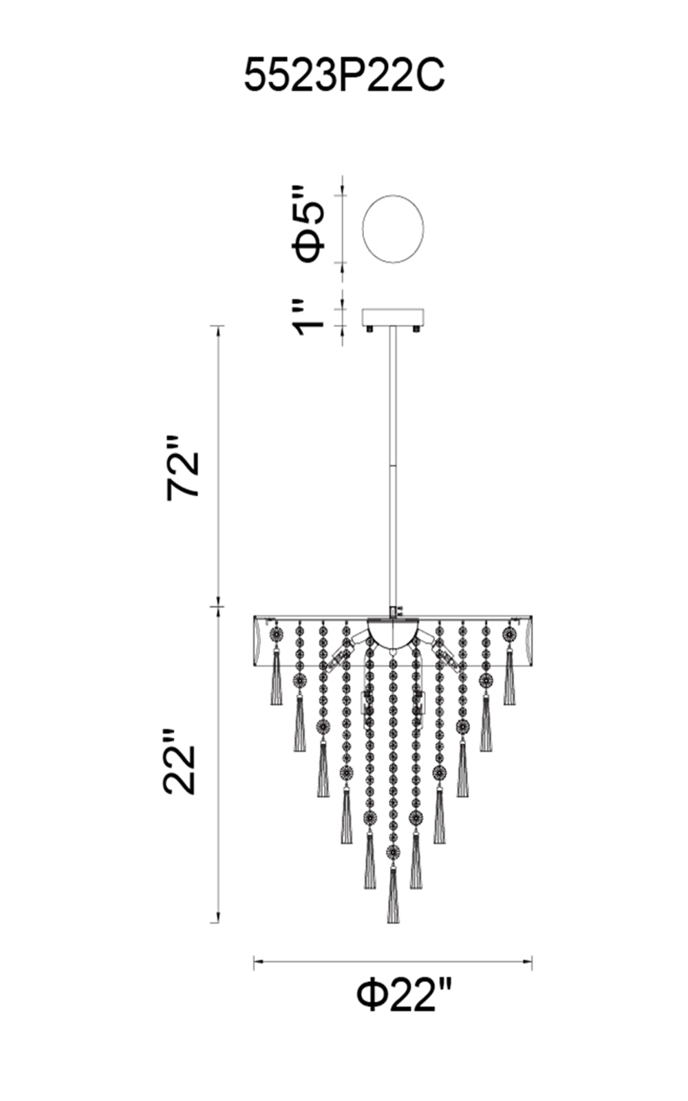 CWI Lighting Franca 8 Light Drum Shade Chandelier With Chrome Model: 5523P22C (OFF WHITE) Line Drawing