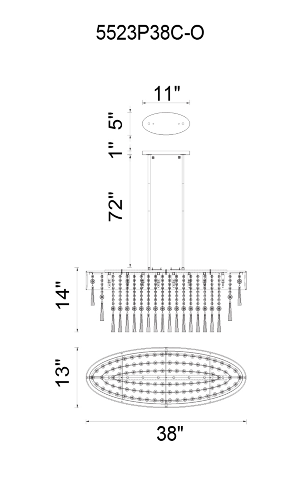 CWI Lighting Franca 8 Light Drum Shade Chandelier With Chrome Model: 5523P38C-O (OFF WHITE) Line Drawing