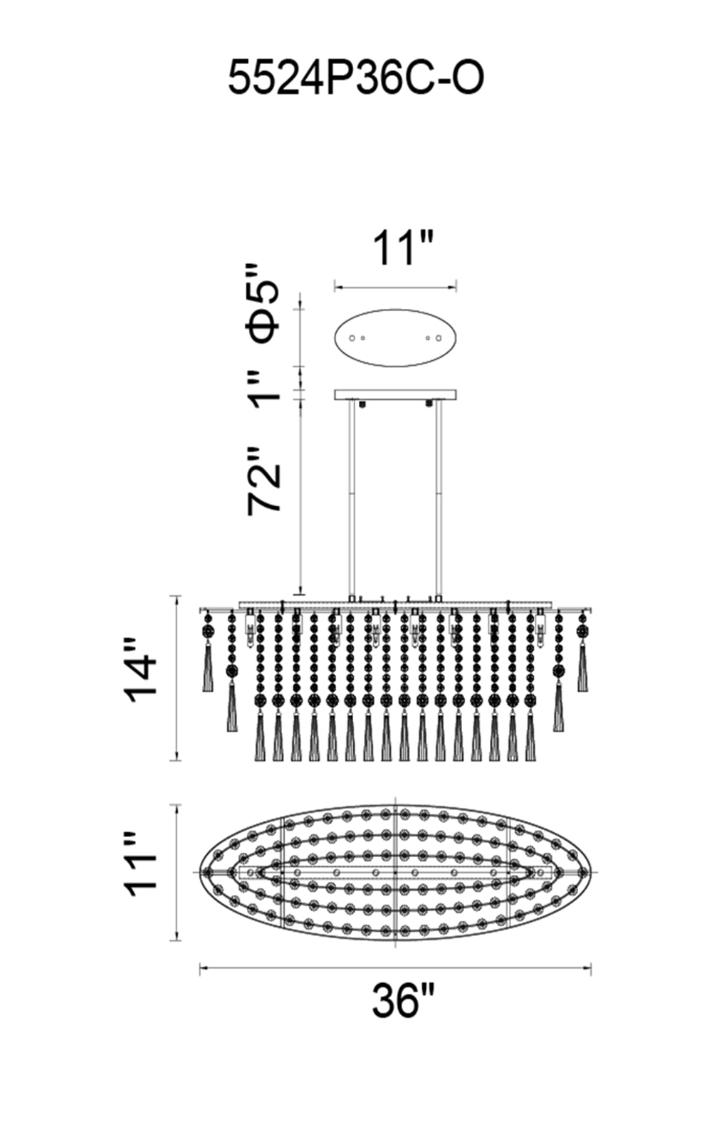 CWI Lighting Blissful 8 Light Down Chandelier With Chrome Finish Model: 5524P36C-O Line Drawing